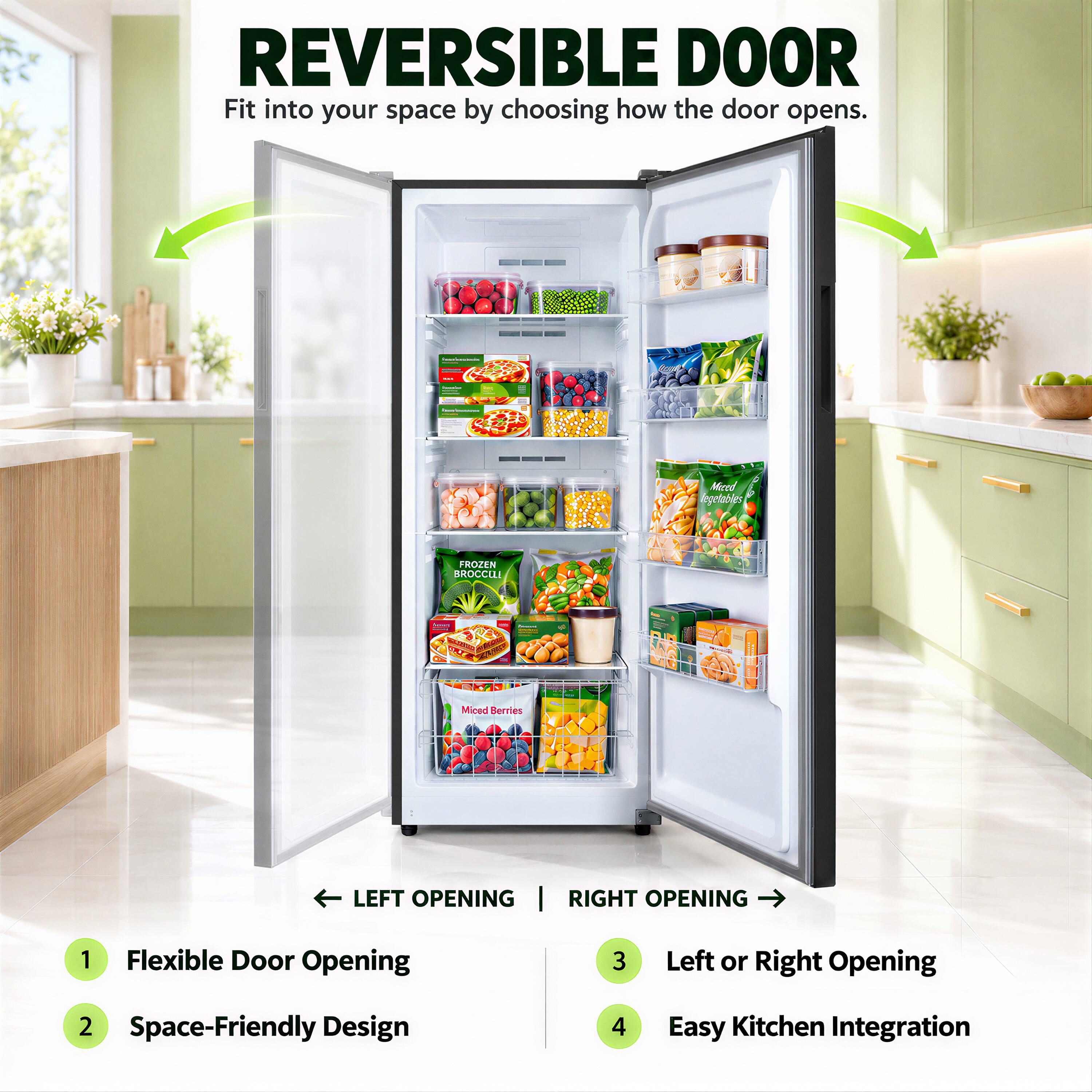 REVERSIBLE DOOR  
Fit into your space by choosing how the door opens.

- Flexible Door Opening
- Space-Friendly Design
- Left or Right Opening
- Easy Kitchen Integration

LEFT OPENING  
RIGHT OPENING

- More vegetables
- FROZEN BROCCOLI
- Mixed Berries