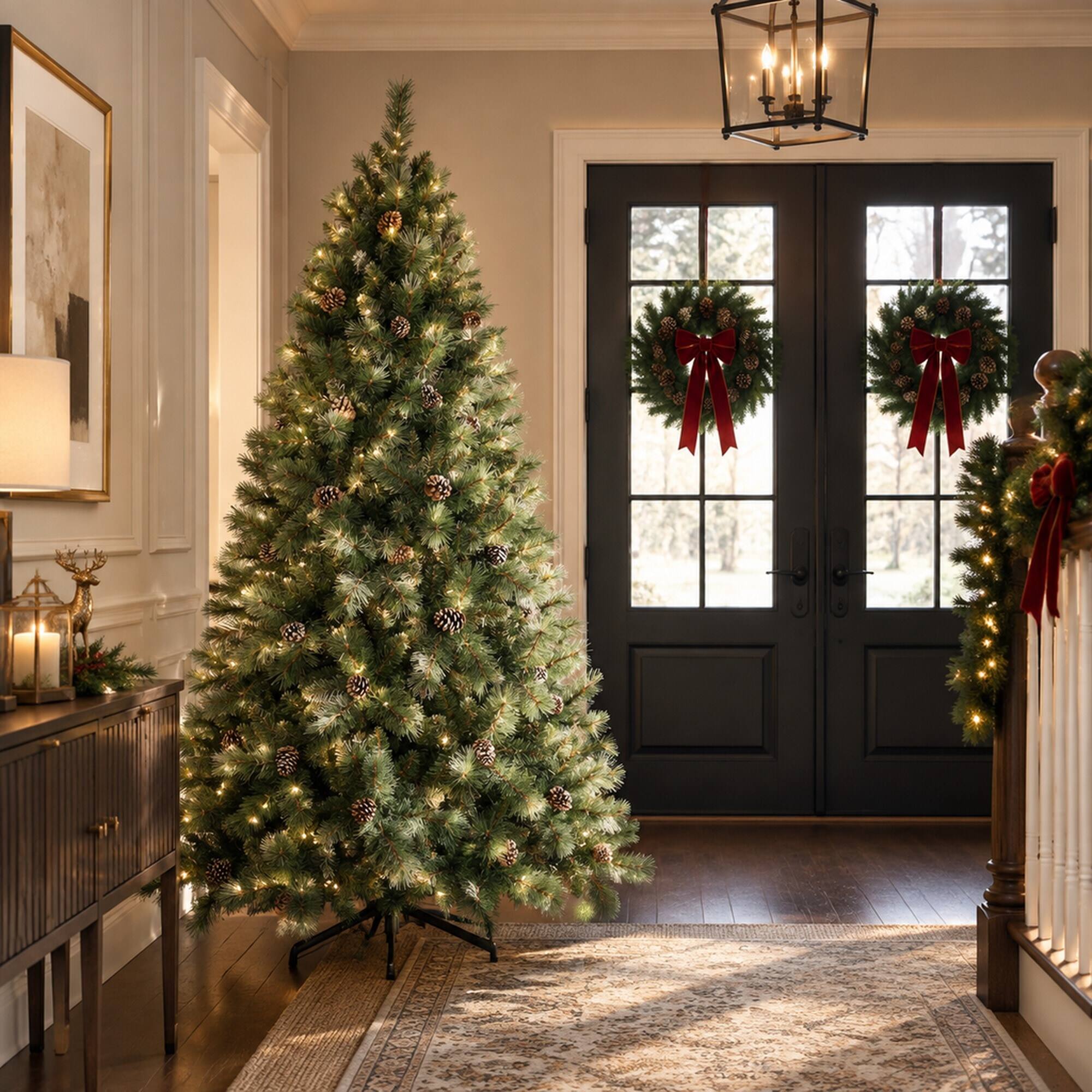 Alt View 2. RYHNUYNE - 8 Ft Full Artificial Christmas Tree With 102 Pine Cones 1858 Tips, Mixed Hard Needle Branches Metal Stand Decor - Green.
