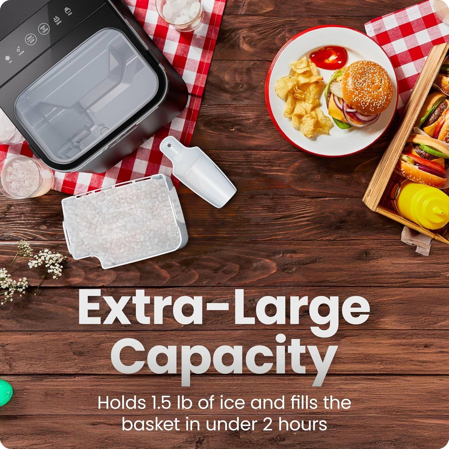Extra-Large Capacity

Holds 1.5 lb of ice and fills the basket in under 2 hours