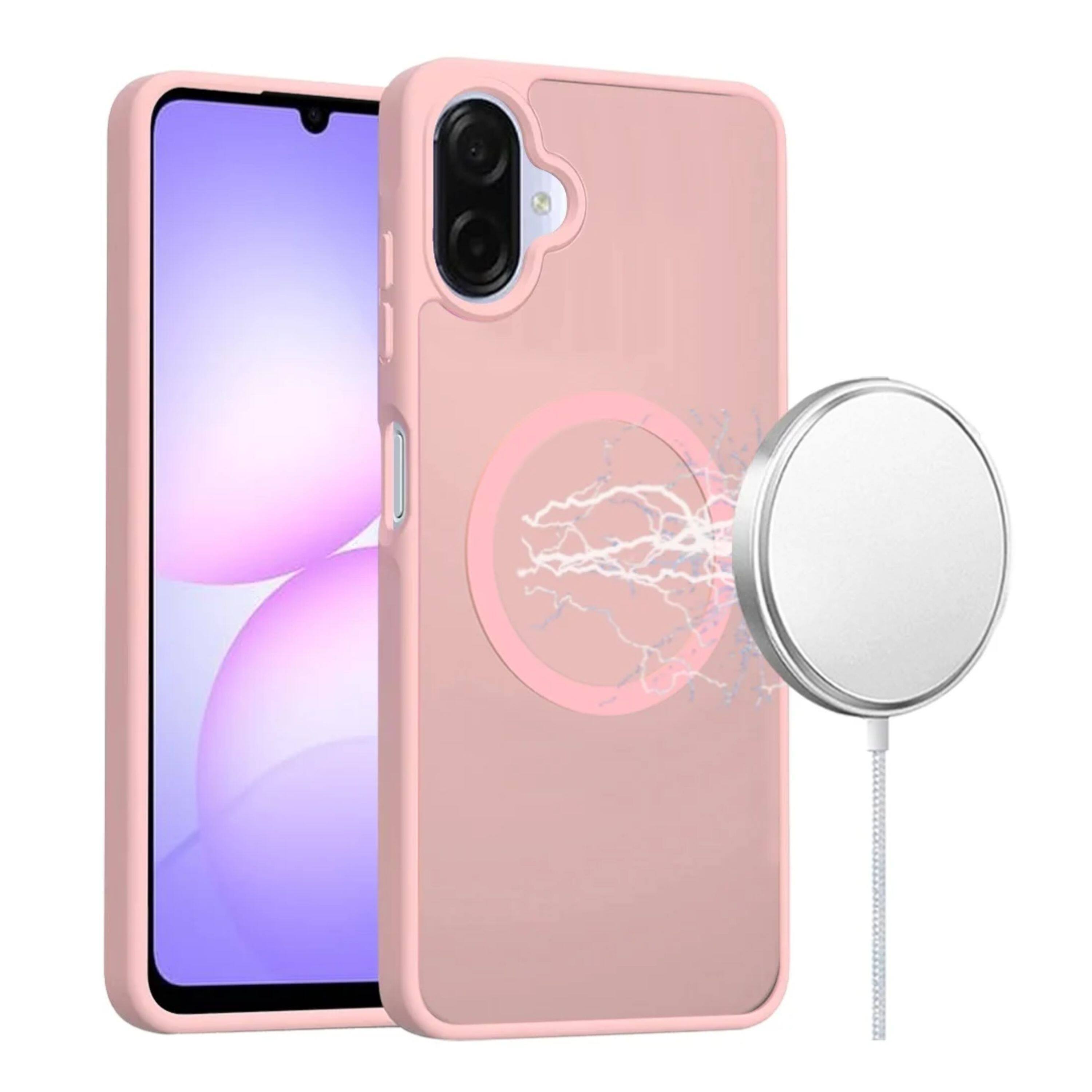 Angle. Kitcheniva - Soft Touch Magnetic Circle Frosted Back Phone Case With Tempered Glass For Samsung Galaxy A07 Light Pink - Light Pink.