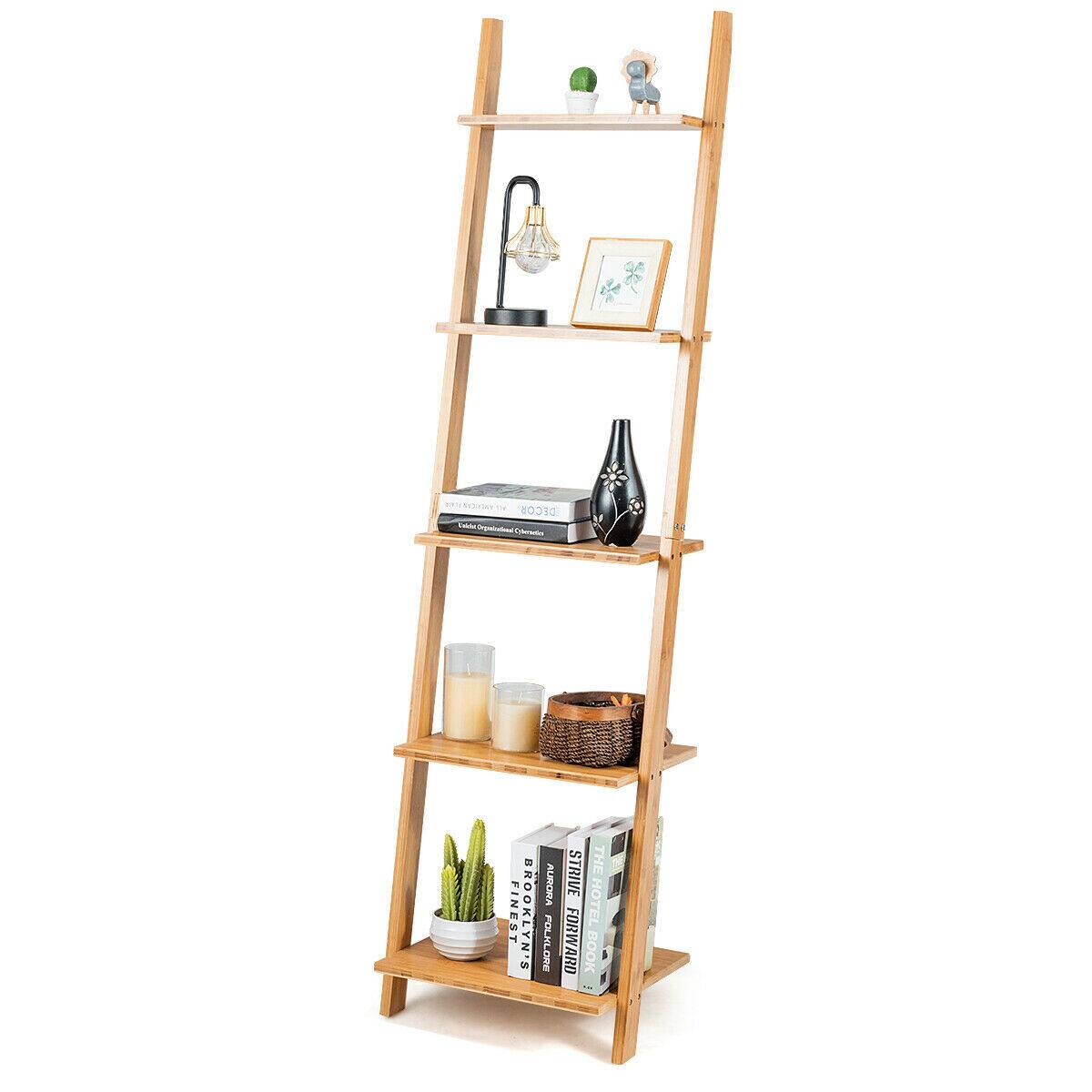 Ecooso - 5-Tier Bamboo Ladder Bookshelf with Wall-Leaning Display Design - Natural