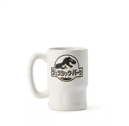 Front. Jurassic World - Jurassic Park Japanese Logo 3.5” x 3.3” Ceramic Mini Mug - White.