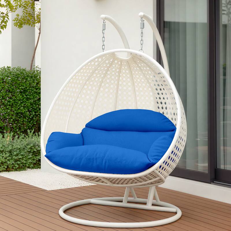 Angle. LeisureMod - Leisuremod Modern 2-Person Outdoor Egg Swing White Wicker Chair with Stand, Plush Washable Cushions & Waterproof Cover - Dark Green.
