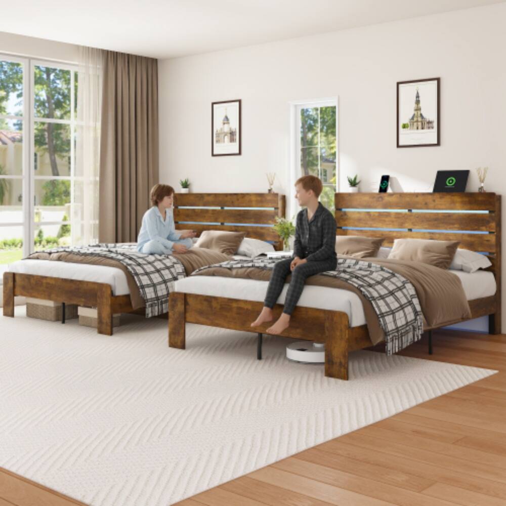 Angle. LUCKY ONE - King Size Bed Frame with Headboard and Footboard, LED Lights, USB Charging Station, All-Metal Support - Rustic Brown.
