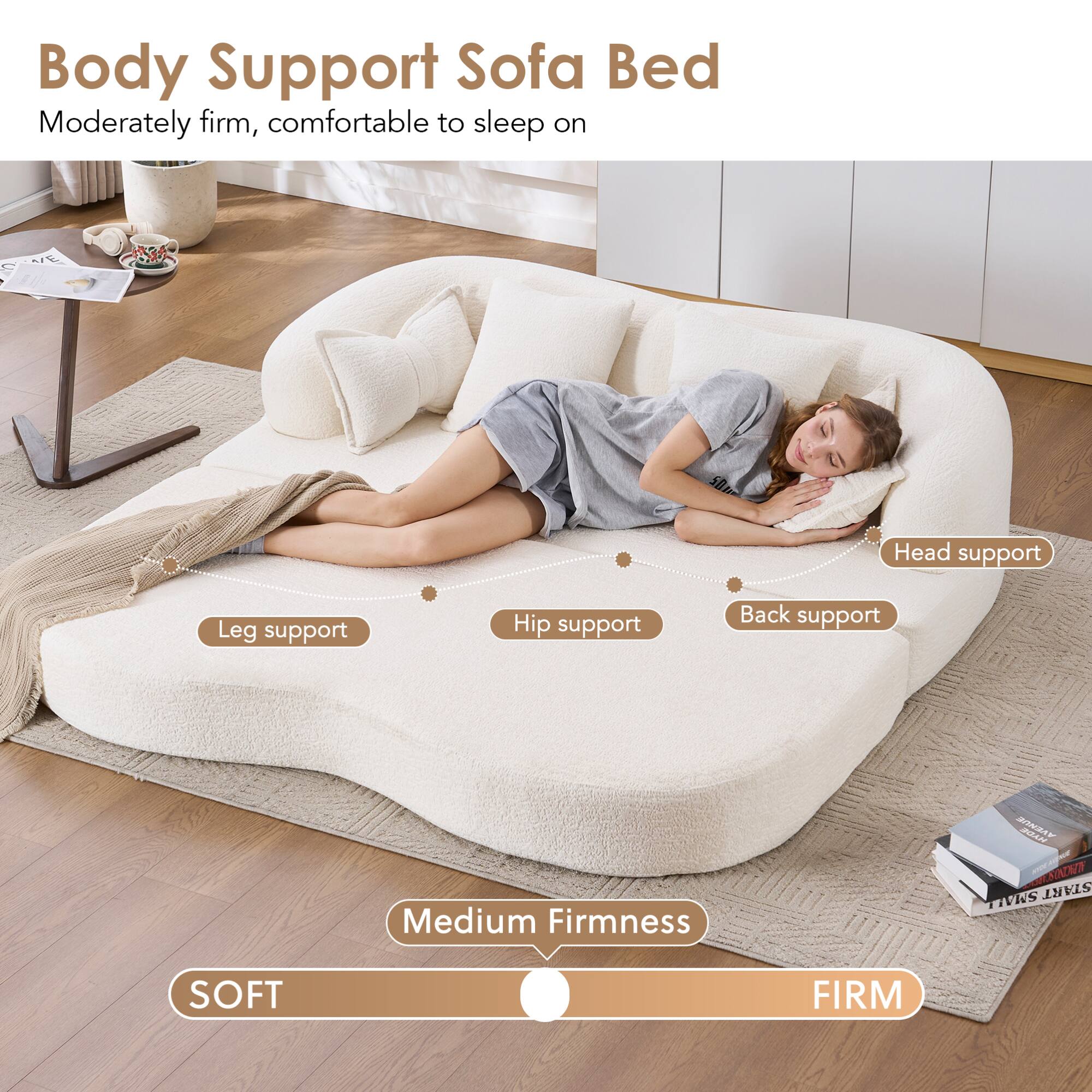 Body Support Sofa Bed  
Moderately firm, comfortable to sleep on  

- Head support  
- Back support  
- Hip support  
- Leg support  

Medium Firmness  
SOFT <----> FIRM