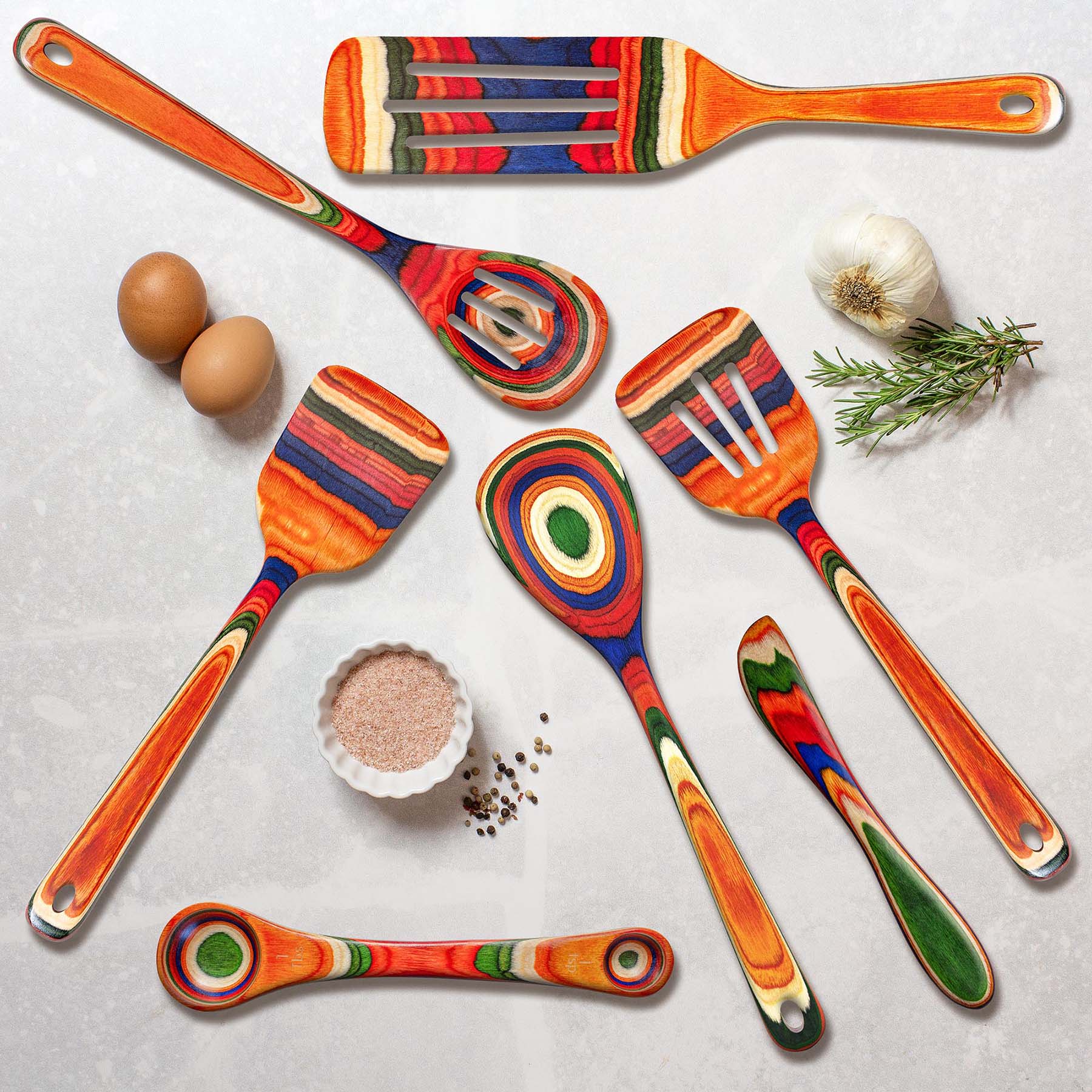 Angle. Baltique - Marrakesh Collection 7 Piece Cooking Utensil Set, Safe for Nonstick - Red, Blue, Green, Orange.