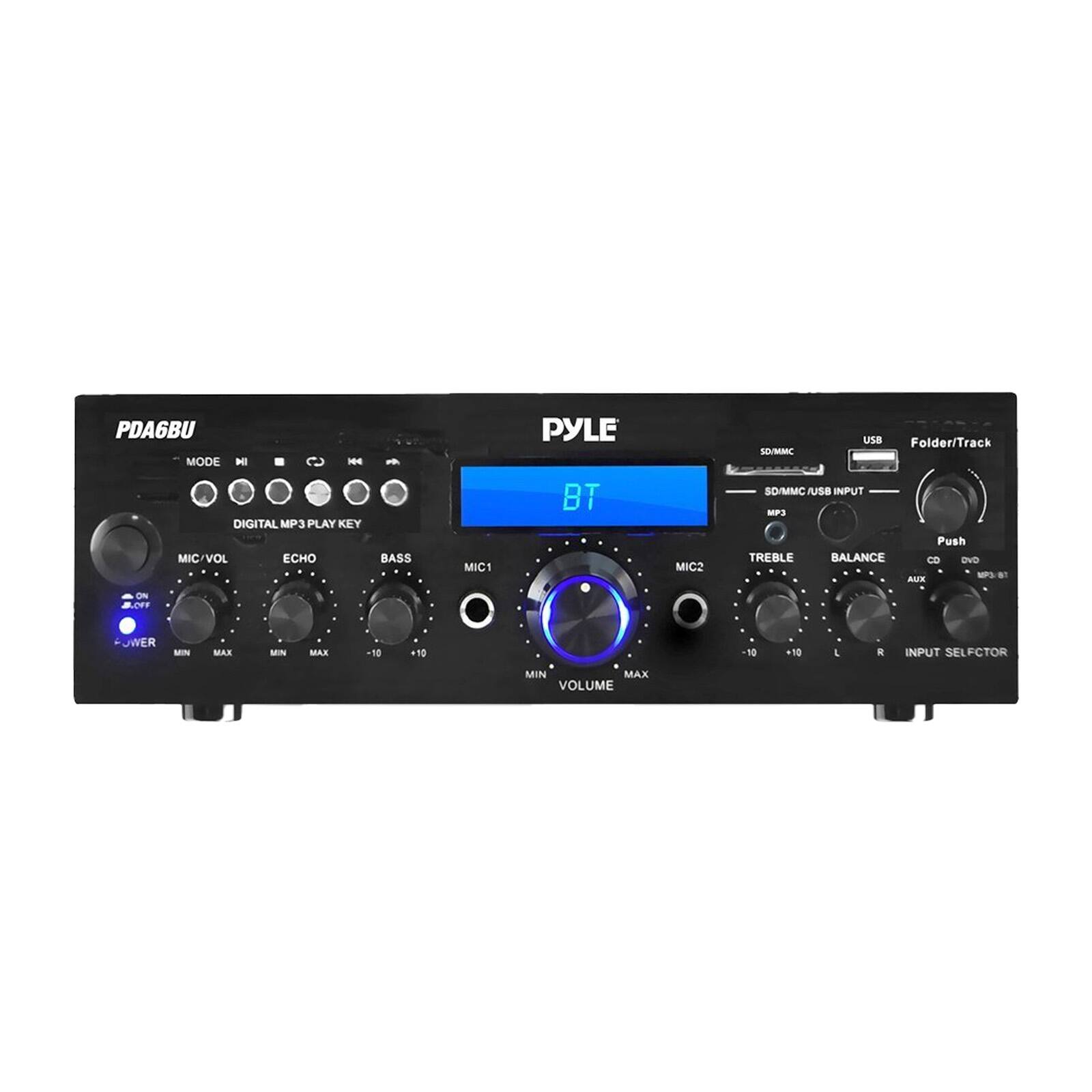 PDA6BU MODE MI - DIGITAL MP3 PLAY KEY MIC/VOL ECHO - BASS MIC1 PYLE BT MIC2 USS Folder/Track SMMC SD/MMC JUSa INPUT MP3 Push TREBLE BALANCE CD DVD AUTE M-7 - LO WER MIN MAX Mt MAX -50 +10 NO 10 I R INPUT SELFCTOR MIN MAX VOLUME