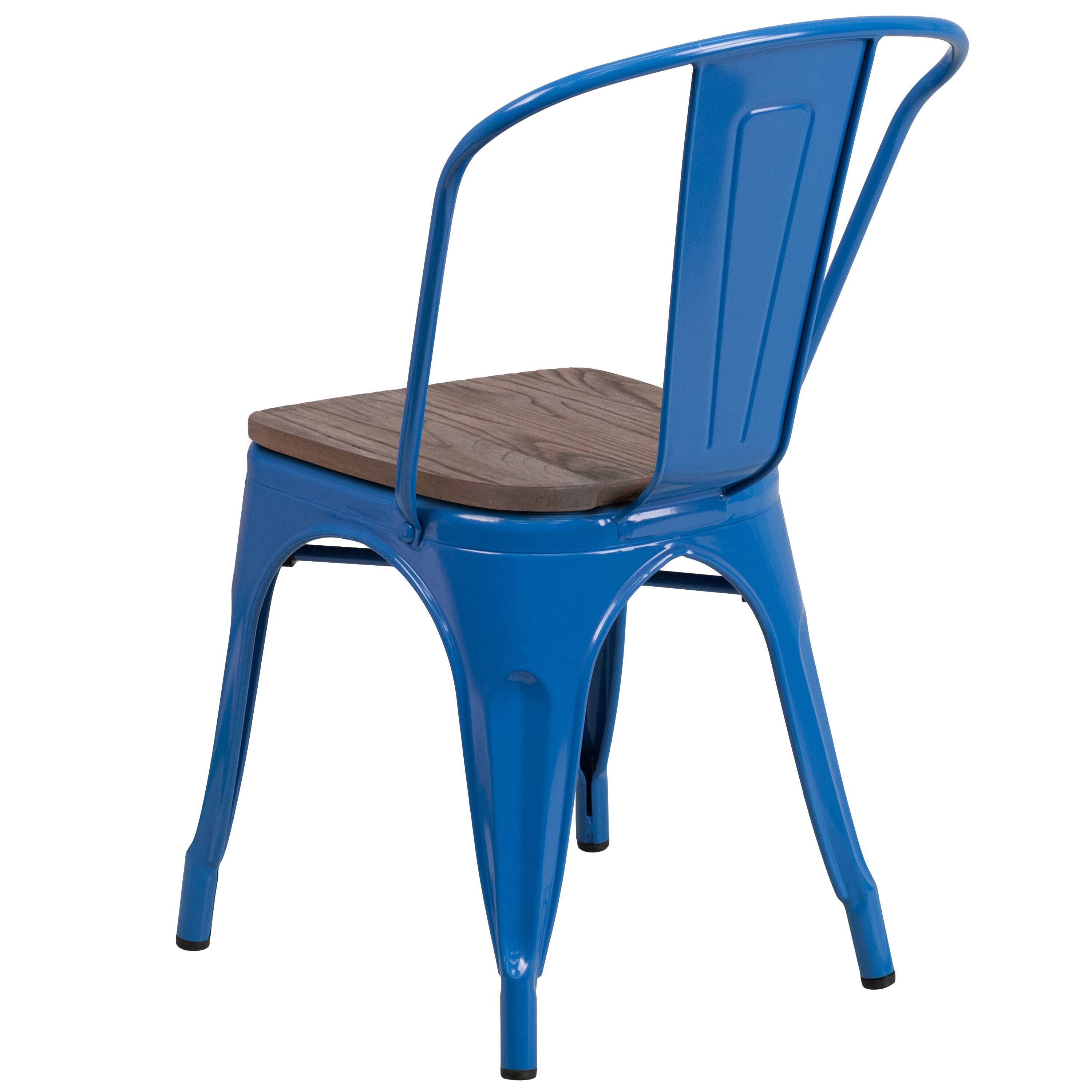 Alt View 3. Emma + Oliver - Colorful Metal Stackable Dining Chair with Wood Seat - Blue.