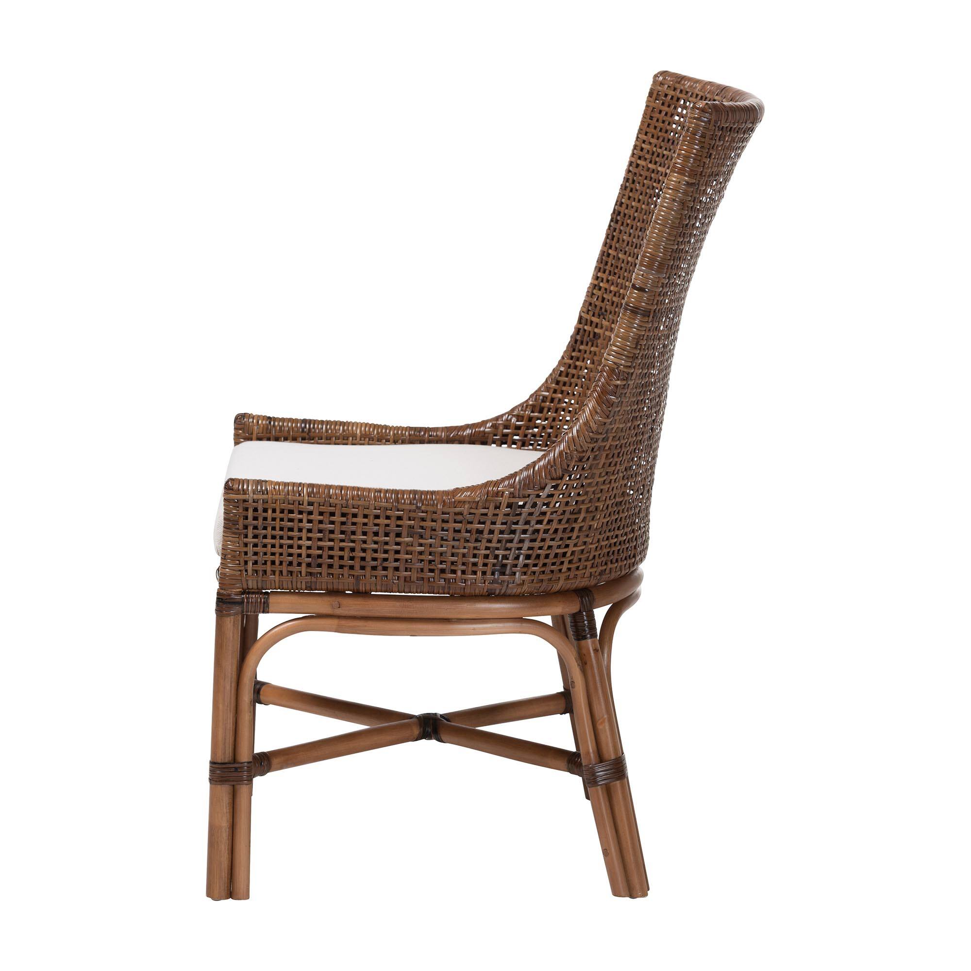 Left. bali & pari - Bella Rattan Dining Chair with Cushion - Handwoven Wicker Accent Side Chair with High Backrest, Coastal Boho Seating - Coffee Bean.