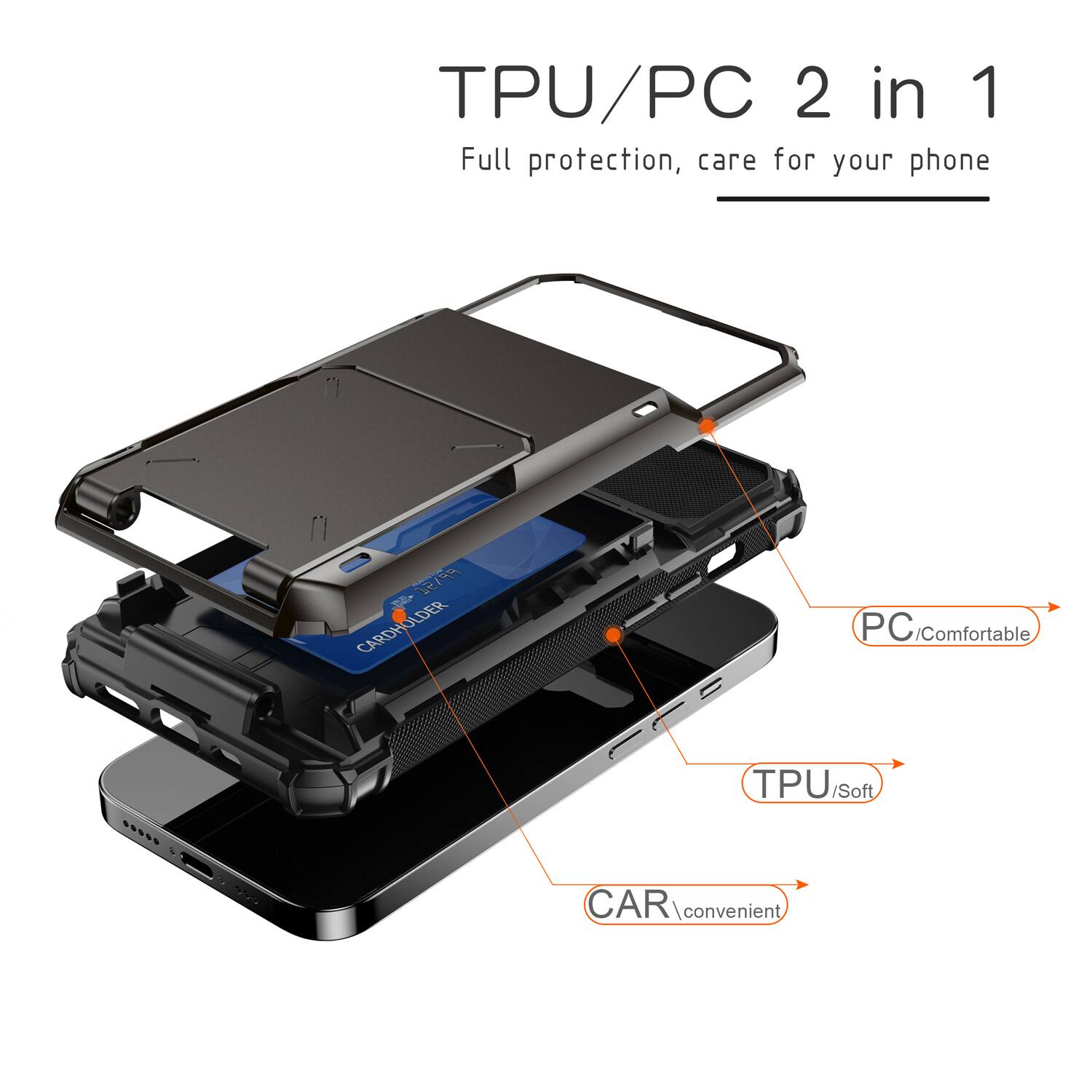 TPU/PC 2 in 1 Full protection, care for your phone

- PC/Comfortable
- TPU/Soft
- CAR/Convenient
