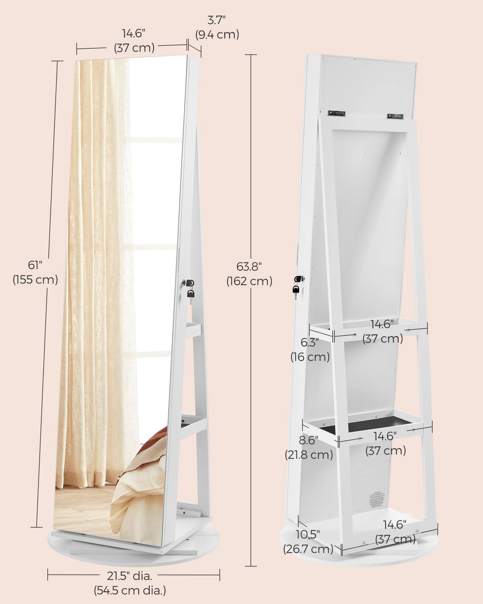 - 14.6" (37 cm)
- 3.7" (9.4 cm)
- 61" (155 cm)
- 63.8" (162 cm)
- 6.3" (16 cm)
- 8.6" (21.8 cm)
- 10.5" (26.7 cm)
- 21.5" dia. (54.5 cm dia.)