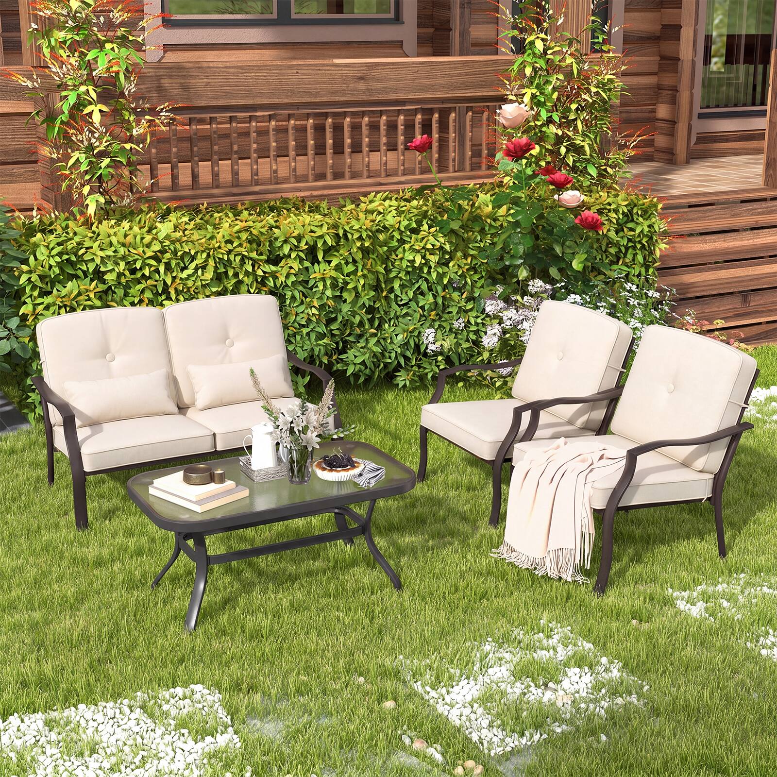 Alt View 1. Costway - Costway 4 PCS Patio Metal Chairs Outdoor Dining Seat Heavy Duty with Cushions Garden - Beige.