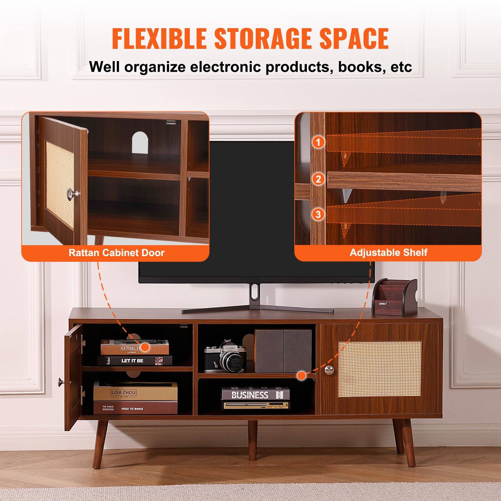 FLEXIBLE STORAGE SPACE  
Well organize electronic products, books, etc

1. Rattan Cabinet Door
2. Adjustable Shelf

NATHALIE  
LET IT BE

LISA ZHOU  
HOW TO BAKE

BUSINESS