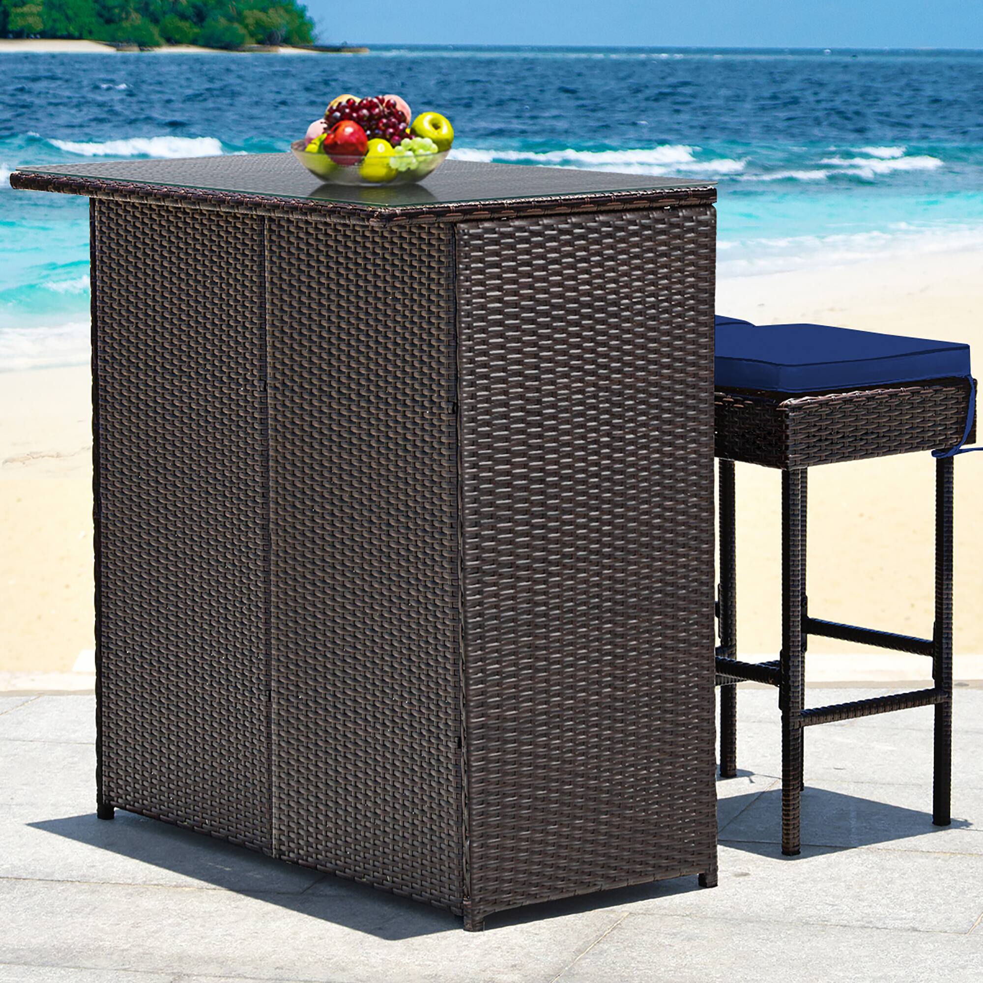 Alt View 8. Costway - 3PCS Rattan Bar Table Stool Set Cushioned Chairs with Cover - brown/navyy/off white.