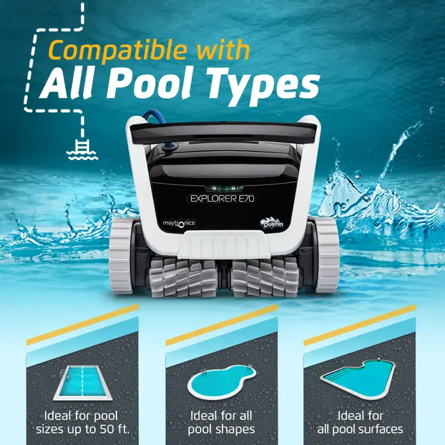 Compatible with All Pool Types: Explorer E70 may not be ideal for all pool types, but it is compatible with most pool types. It is ideal for pool sizes up to 50 ft and works well with all pool shapes and surfaces.