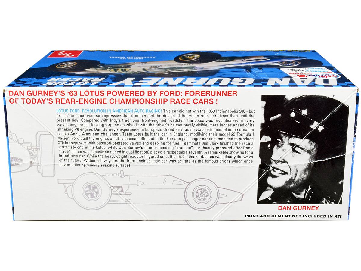 DAN GURNEY'S '63 LOTUS POWERED BY FORD: FORERUNNER OF TODAY'S REAR-ENGINE CHAMPIONSHIP RACE CARS!

LOTUS-FORD REVOLUTION IN AMERICAN AUTO RACING! This car did not win the 1963 Indianapolis 500 but its performance was impressive enough to influence the design of American race cars from then until the present day! Compared with Indy's traditional front-engined "roadster" the Lotus was revolutionary in every way: a tiny, fragile-looking torpedo wheels with the driver's helmet barely visible, mere inches ahead of its shrieking V8 engine. Dan Gurney's experience in European Grand Prix racing was instrumental in the creation of this Anglo-American challenger. Team Lotus built the car in England, modifying their model Formula 1 design. Ford built the engine, an all-aluminum offshoot of the Fairlane passenger car unit, modified to produce 378 horsepower with pushrod-operated valves and gasoline for fuel! Teammate Jim Clark finished the race strong second in his Lotus, while Dan Gurney's "race" mount was heavily damaged after a wave of Dan's brand-new car. While the heavyweight roadster lingered on at the