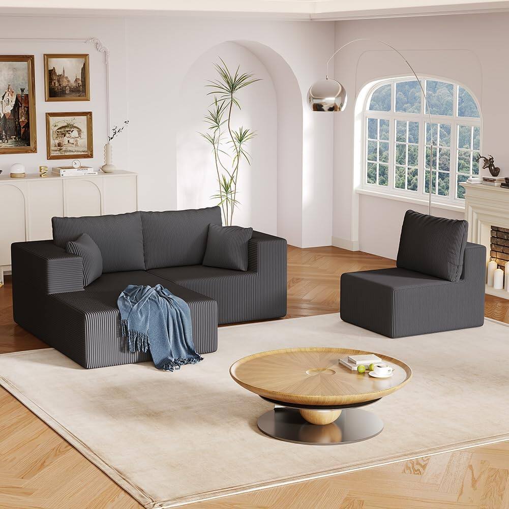 Alt View 5. Trinkets Crazed - 108.3in Sectional Foam Couch, Corduroy Fabric L Shape Sofa with Chaise Lounge - dark gray.