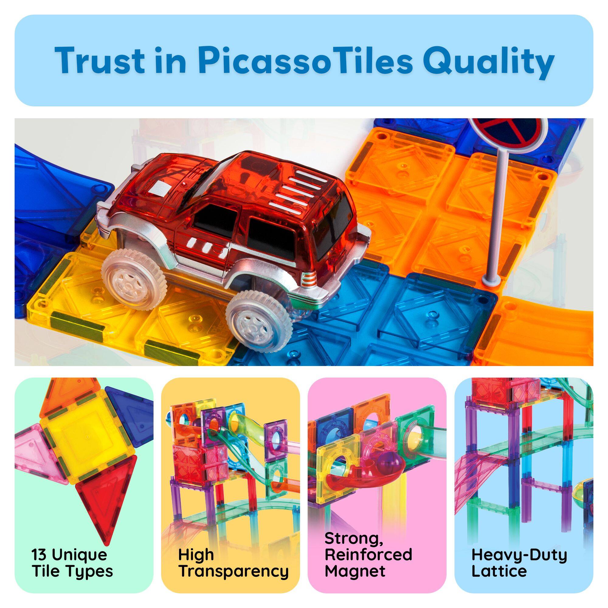 Trust in PicassoTiles Quality
13 Unique Tile Types
High Transparency
Strong, Reinforced Magnet
Heavy-Duty Lattice