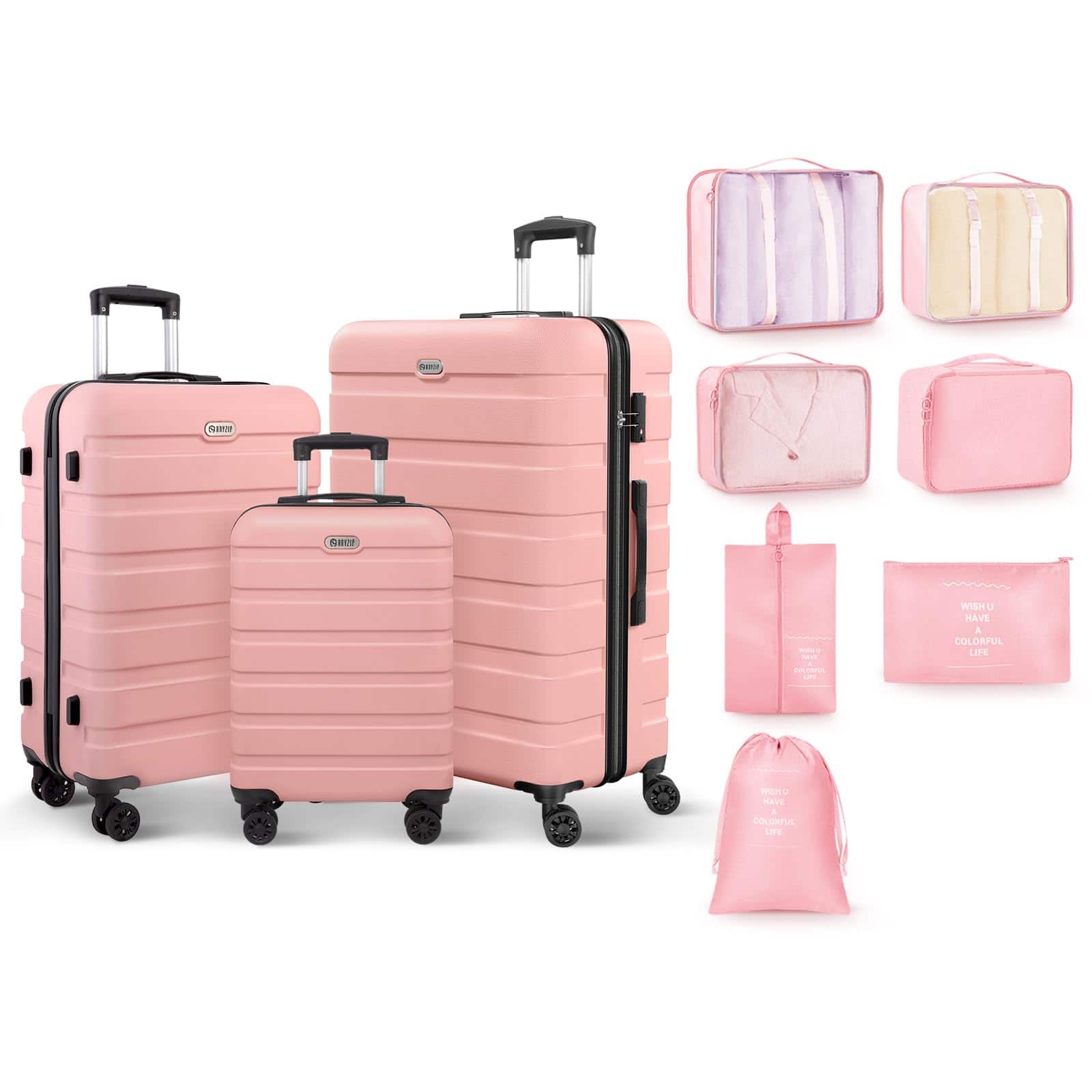 Brick Attic - 10 Piece Luggage Sets Hardshell Suitcase Set PC ABS Lightweight Travel Suitcases with 4 Double Spinner Wheels TSA Lock - Pink