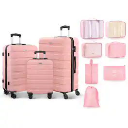 Brick Attic - 10 Piece Luggage Sets Hardshell Suitcase Set PC ABS Lightweight Travel Suitcases with 4 Double Spinner Wheels TSA Lock - Pink