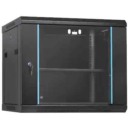 Front. VEVOR - 9U Wall-Mounted Server Network Cabinet, 15.5'' Depth, Secure Rack Enclosure, Supports up to 200 lbs - Black.