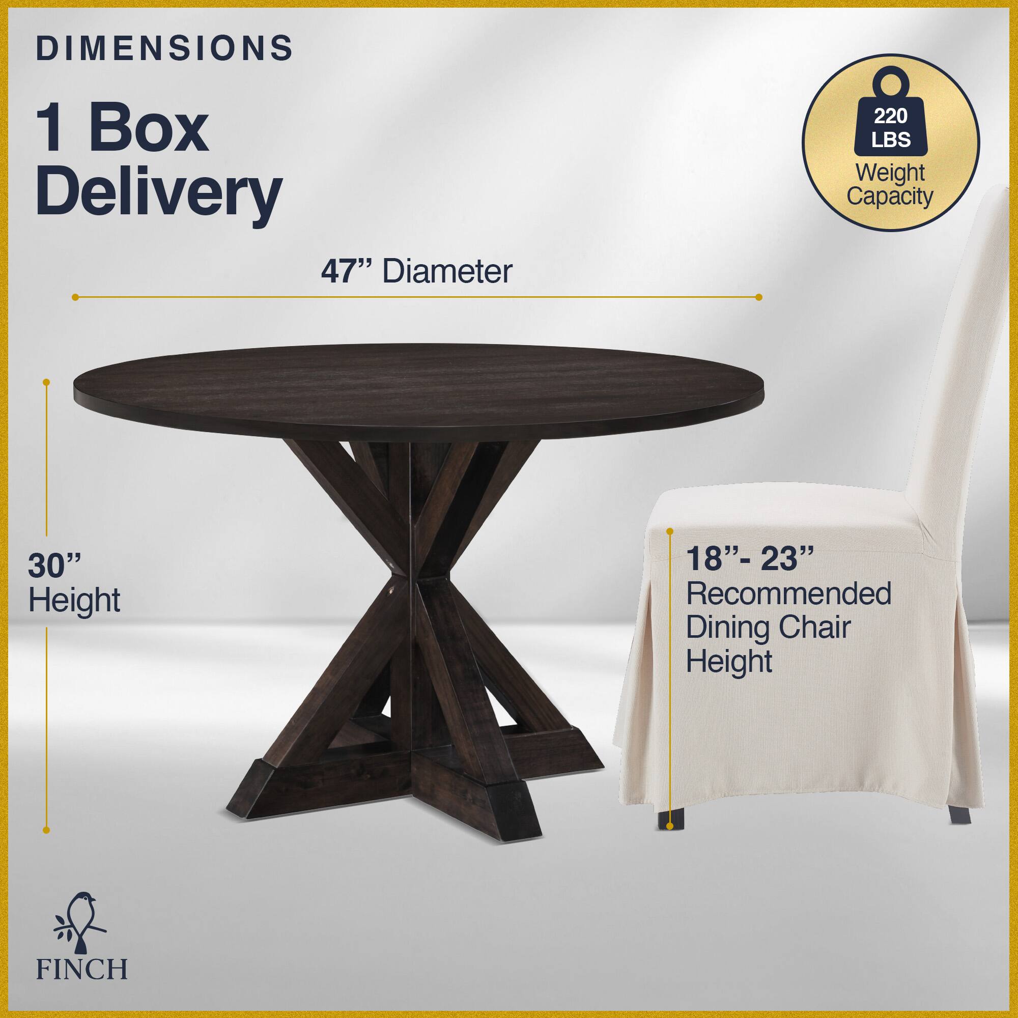 Angle. Finch - Alfred Round Modern Farmhouse Rubberwood Table - Rustin Dark Brown.