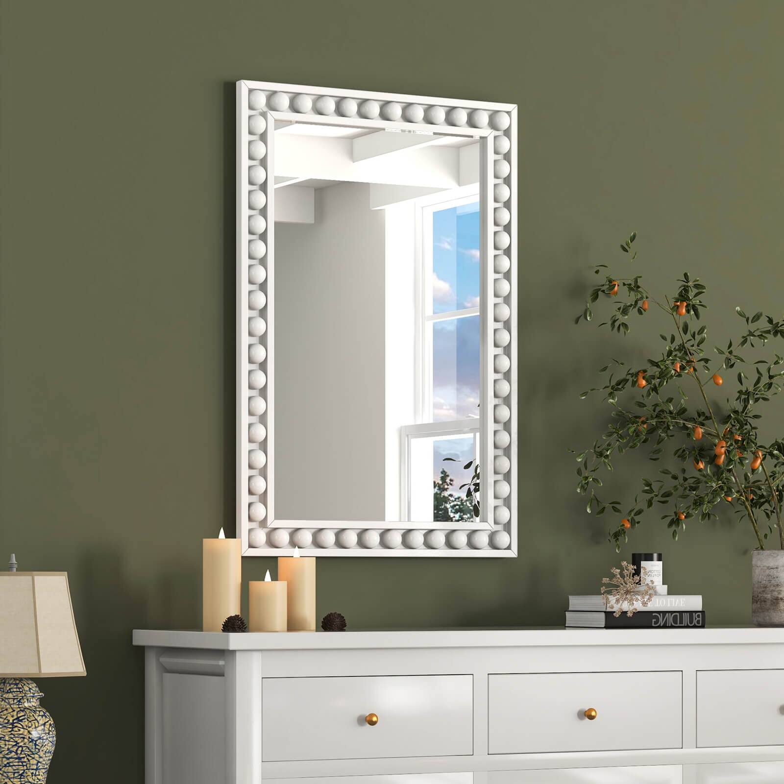 Alt View 3. Costway - Costway 24" x 36" Rustic Decorative Wall Mirror with Solid Wood Frame Beads for Living Room - White.