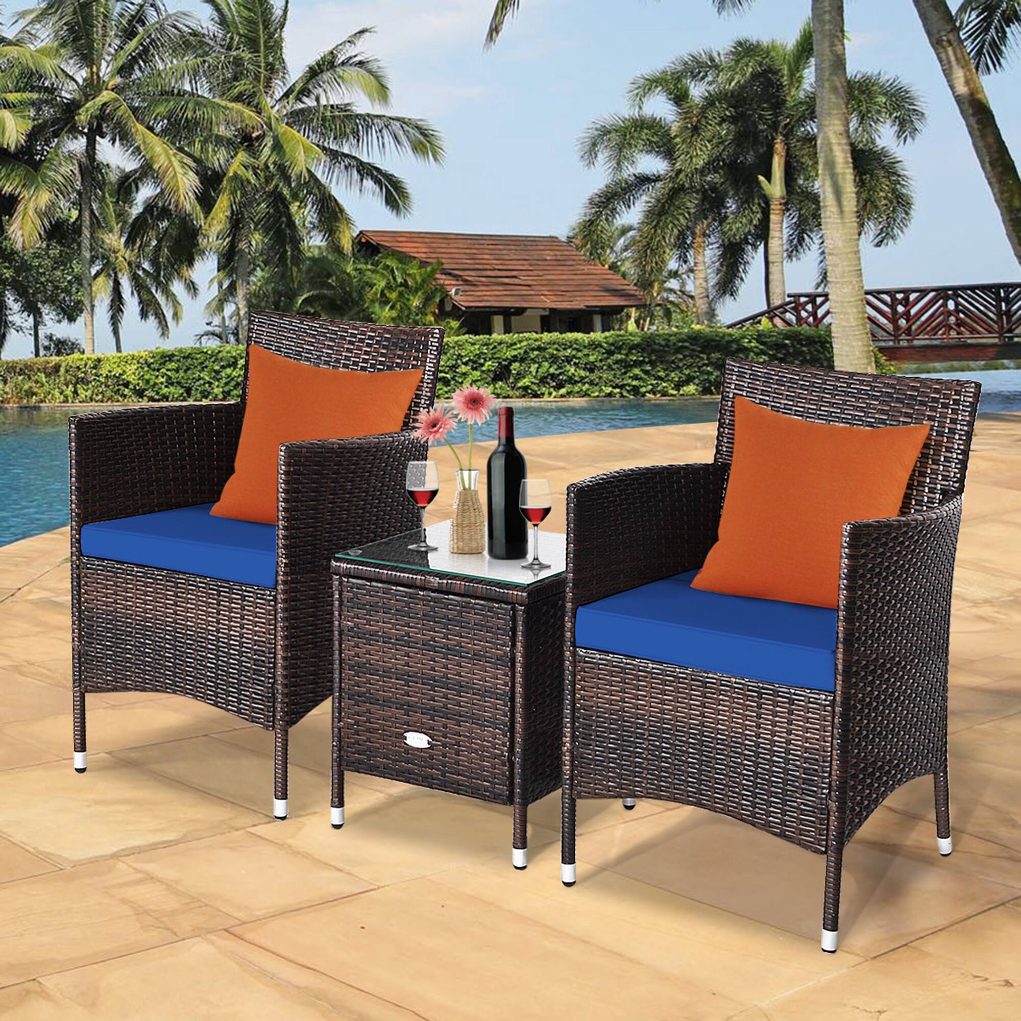 Alt View 3. Gymax - Gymax 3PCS Patio Rattan Chair & Table Furniture Set Outdoor w/ Navy Cushion - Navy.