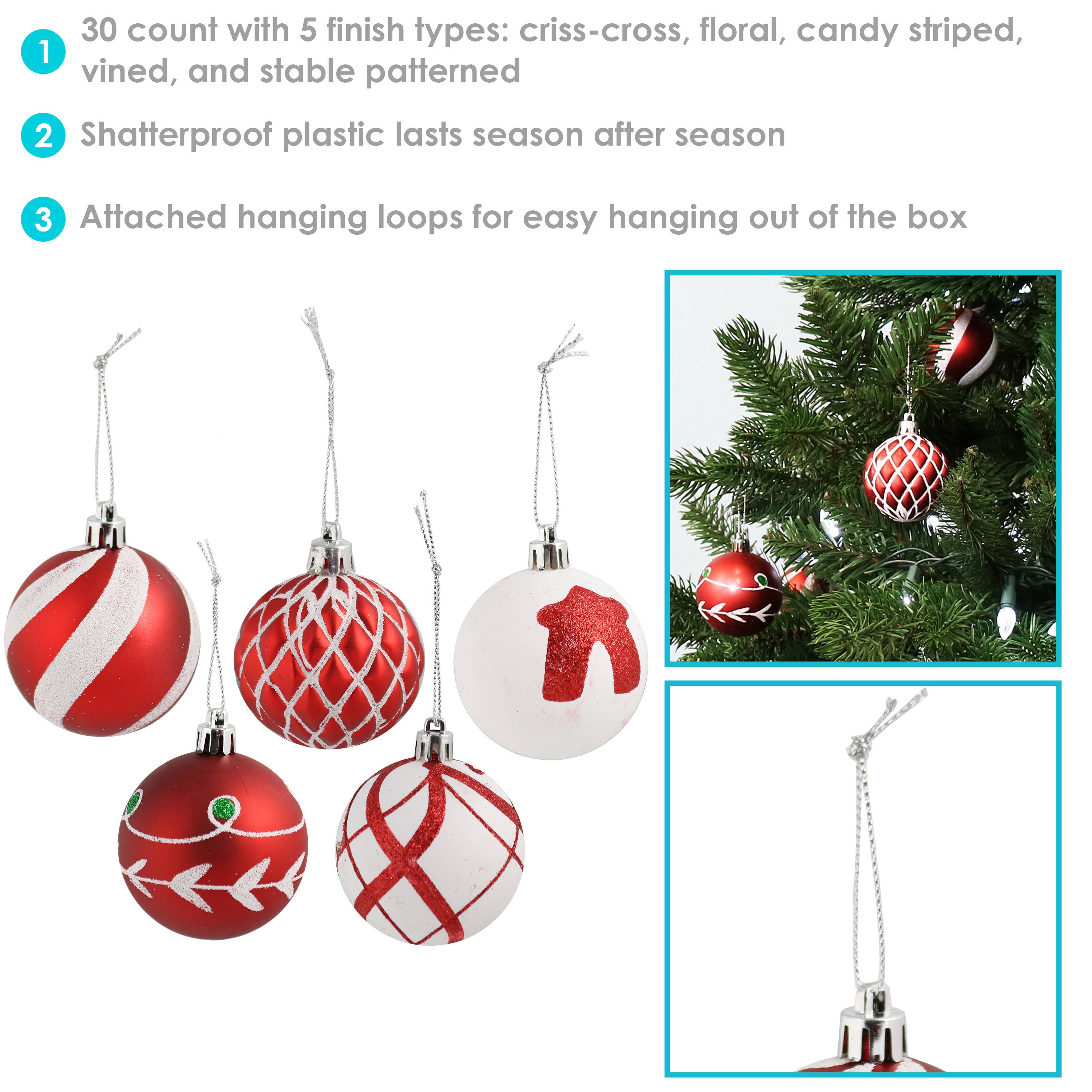 1. 30 count with 5 finish types: criss-cross, floral, candy striped, vined, and stable patterned  
2. Shatterproof plastic lasts season after season  
3. Attached hanging loops for easy hanging out of the box