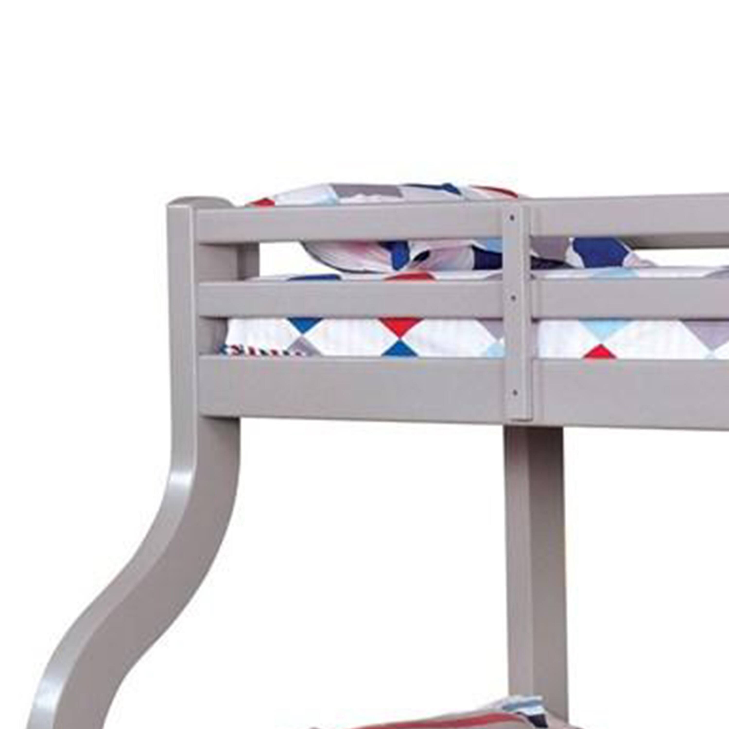 Left. Manhattan Lane - Tedy Twin over Full Bunk Bed with Curved Ladder, Guardrails - Gray.