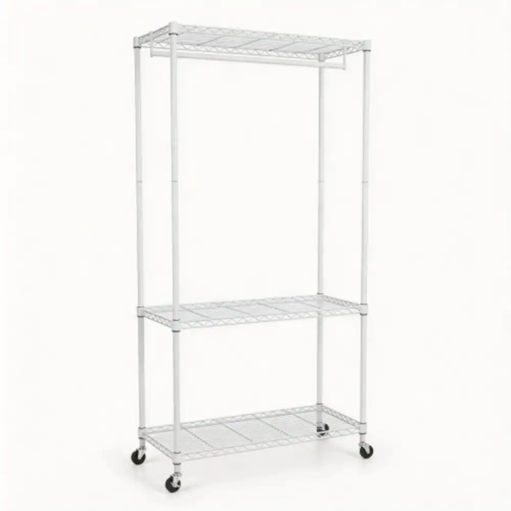 Back. LUCKY ONE - 73.2" H Heavy Duty Rolling Garment Rack w/ 3-Tier Shelves Freestanding - White.