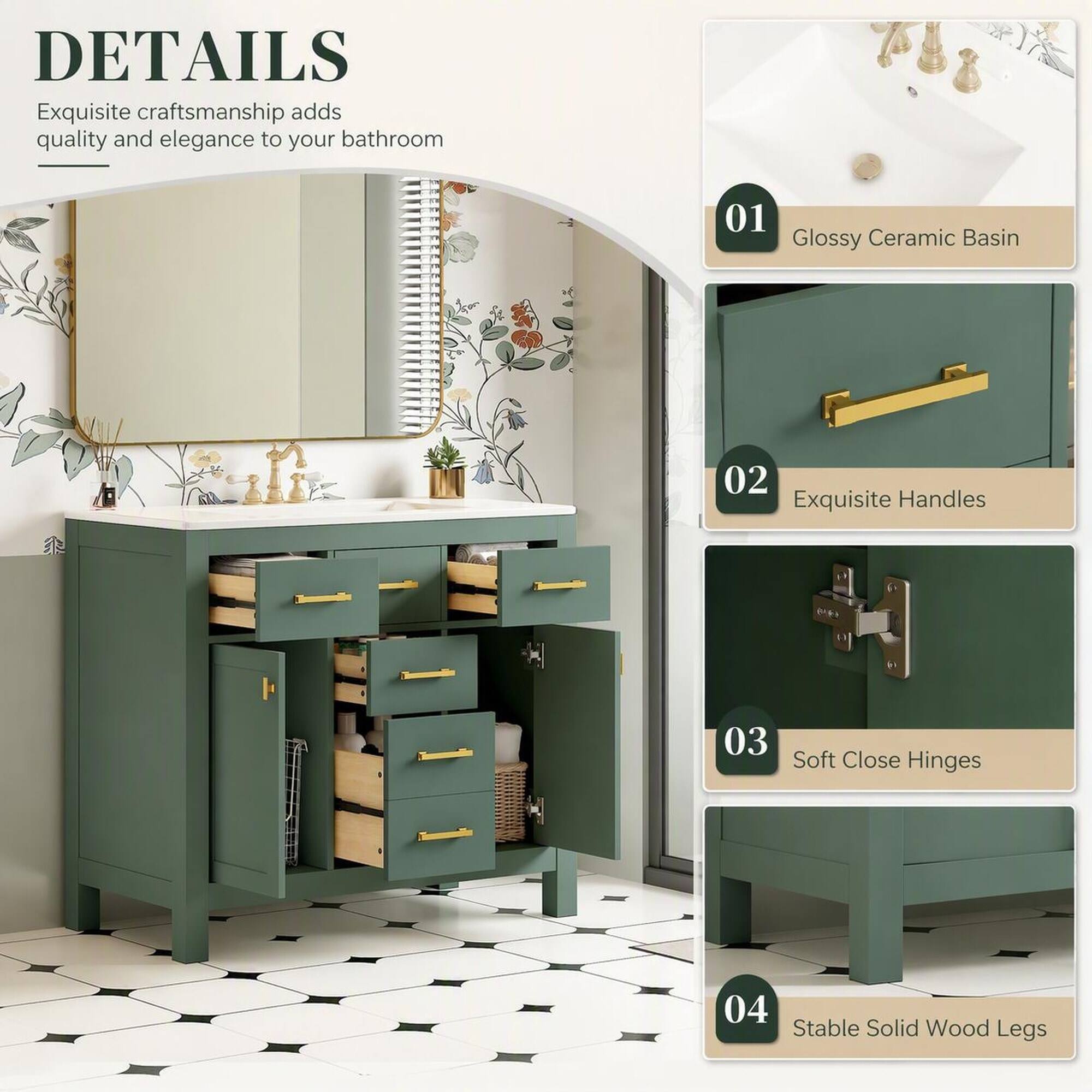 DETAILS  
Exquisite craftsmanship adds quality and elegance to your bathroom

01 Glossy Ceramic Basin  
02 Exquisite Handles  
03 Soft Close Hinges  
04 Stable Solid Wood Legs