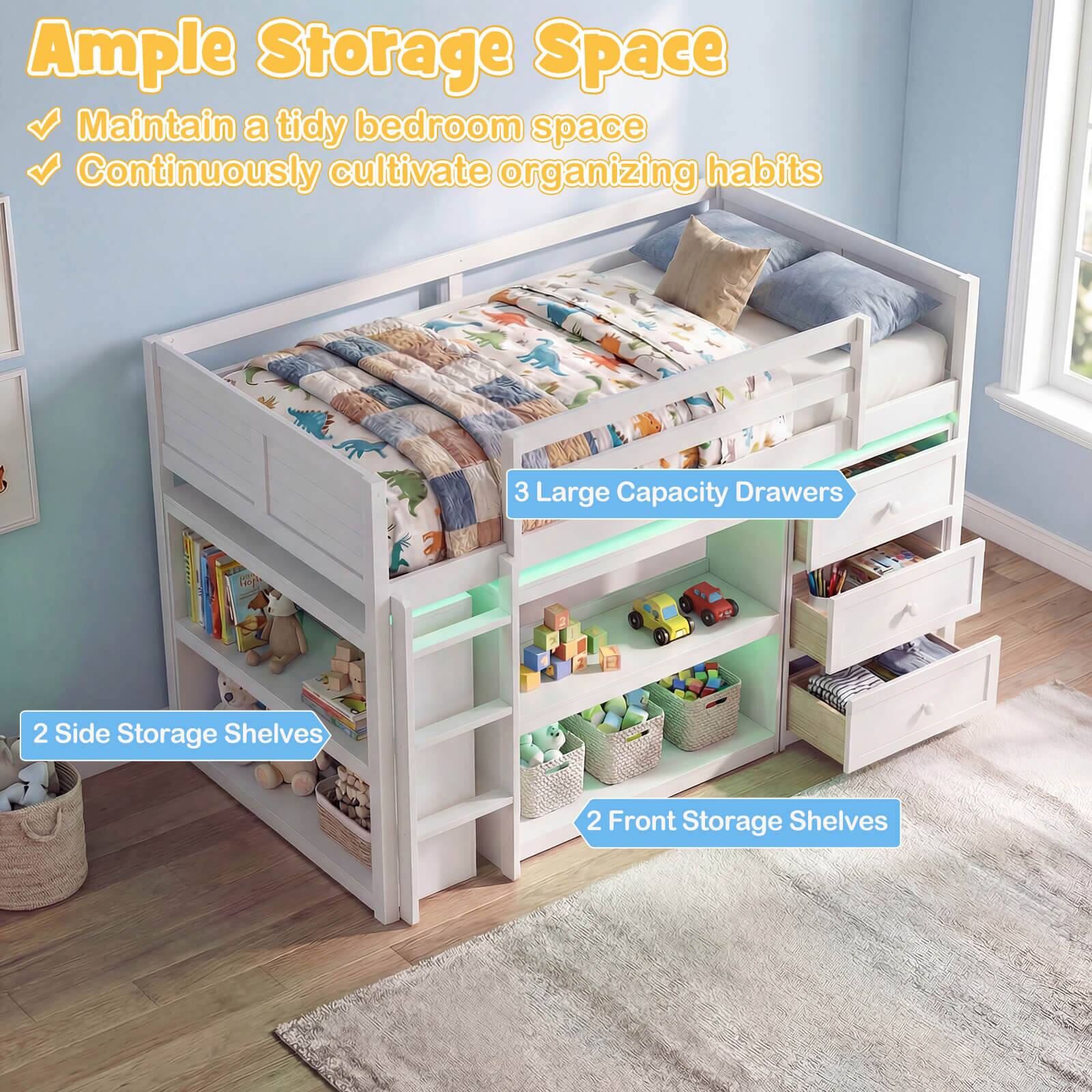 Ample Storage Space  
- Maintain a tidy bedroom space  
- Continuously cultivate organizing habits  
- 3 Large Capacity Drawers  
- 2 Side Storage Shelves  
- 2 Front Storage Shelves