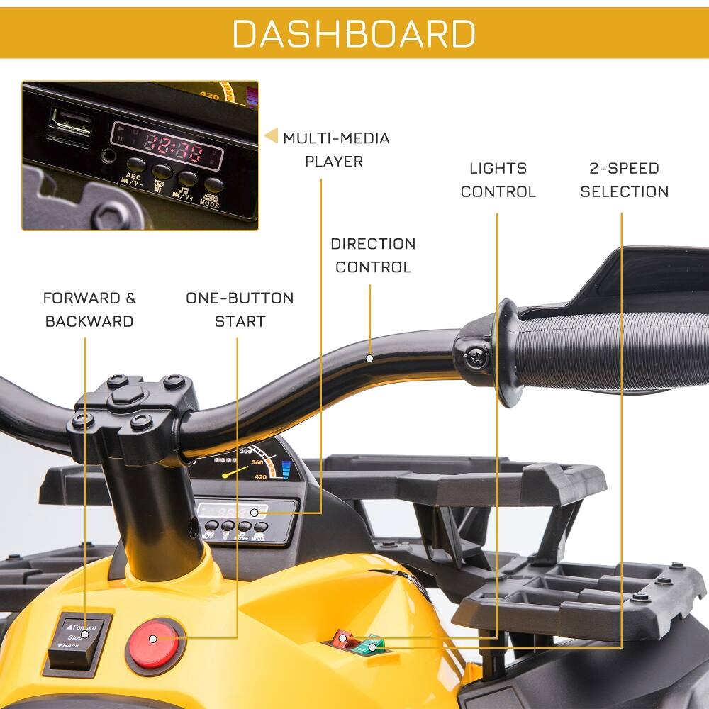 DASHBOARD

420

ABC M/Y- J7 M/V+ MODE

MULTI-MEDIA PLAYER

LIGHTS 2-SPEED CONTROL SELECTION

DIRECTION CONTROL

FORWARD & ONE-BUTTON BACKWARD START

300 none 360

420

0

ASC R/T-

7 20 100g

For and Stop Flack