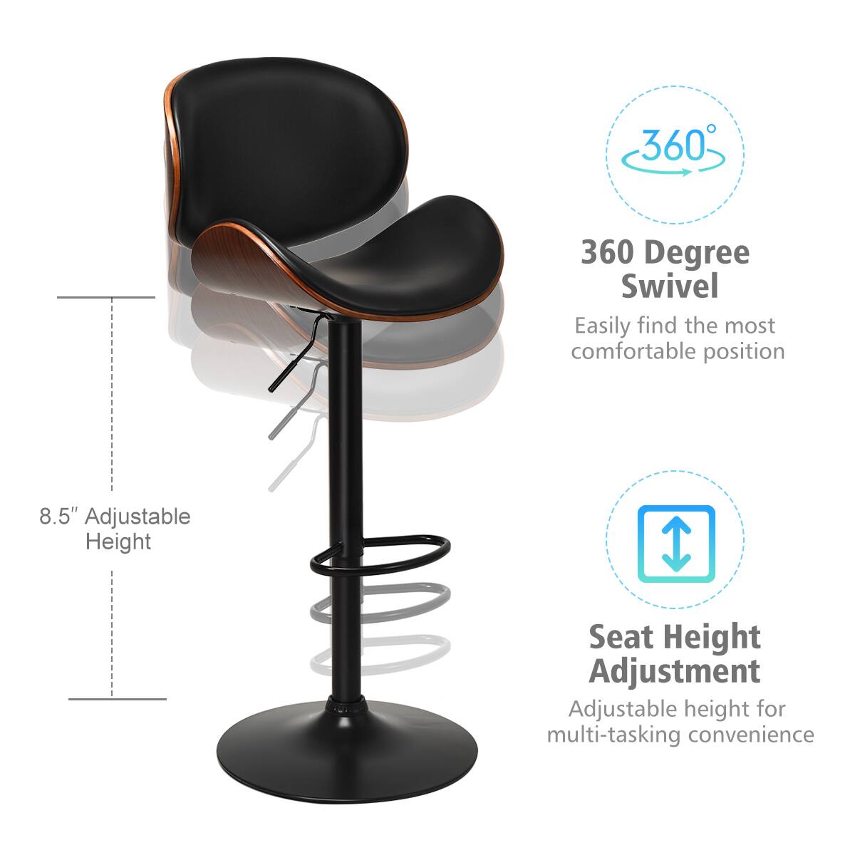 360 Degree Swivel  
Easily find the most comfortable position  

8.5" Adjustable Height  

Seat Height Adjustment  
Adjustable height for multi-tasking convenience