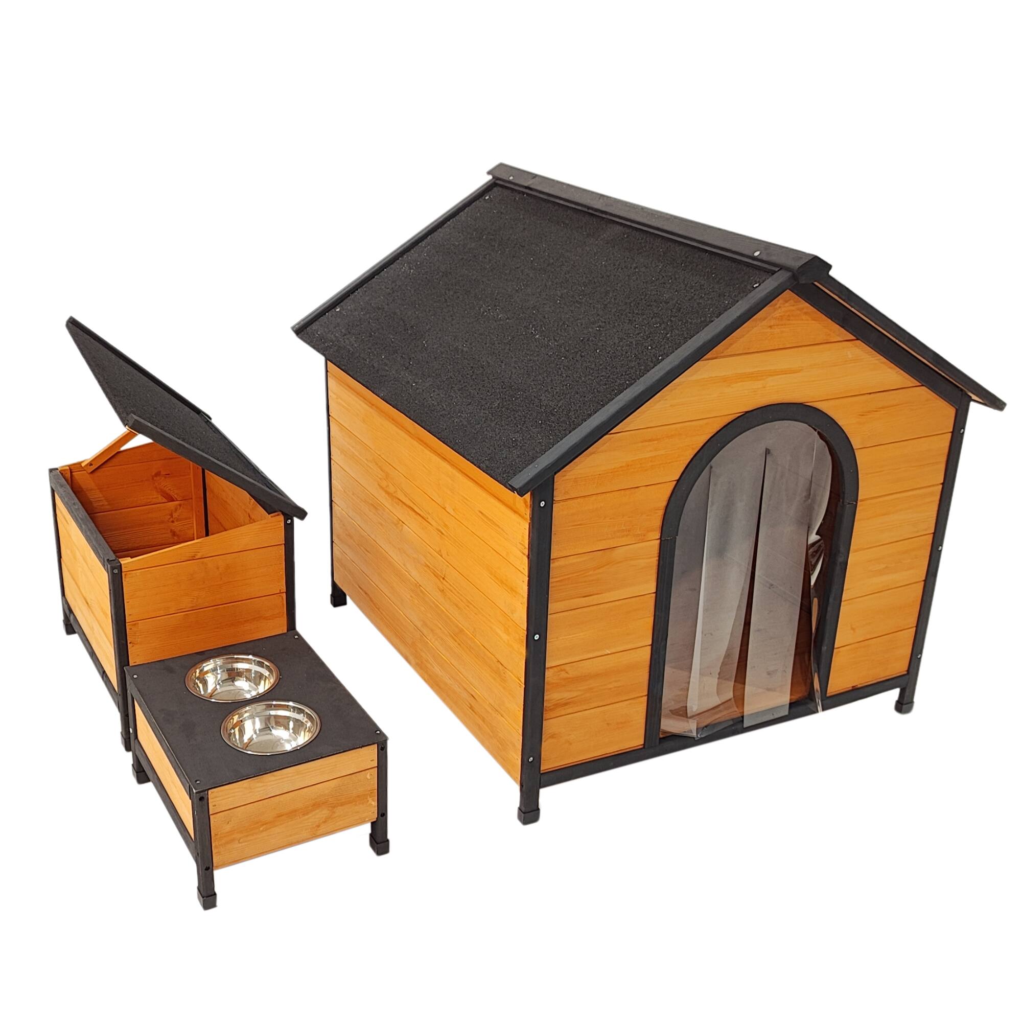Alt View 4. Loheer - Spacious Wooden Dog House with Bowls and Toy Storage, 4.59 ft Outdoor Pet Shelter for Backyard - Natural.