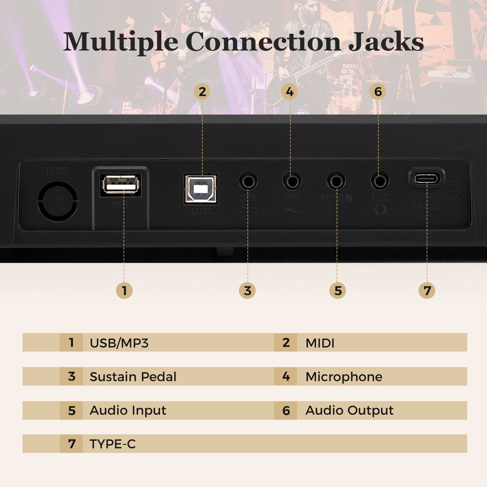 Multiple Connection Jacks

1. USB/MP3
2. MIDI
3. Sustain Pedal
4. Microphone
5. Audio Input
6. Audio Output
7. TYPE-C