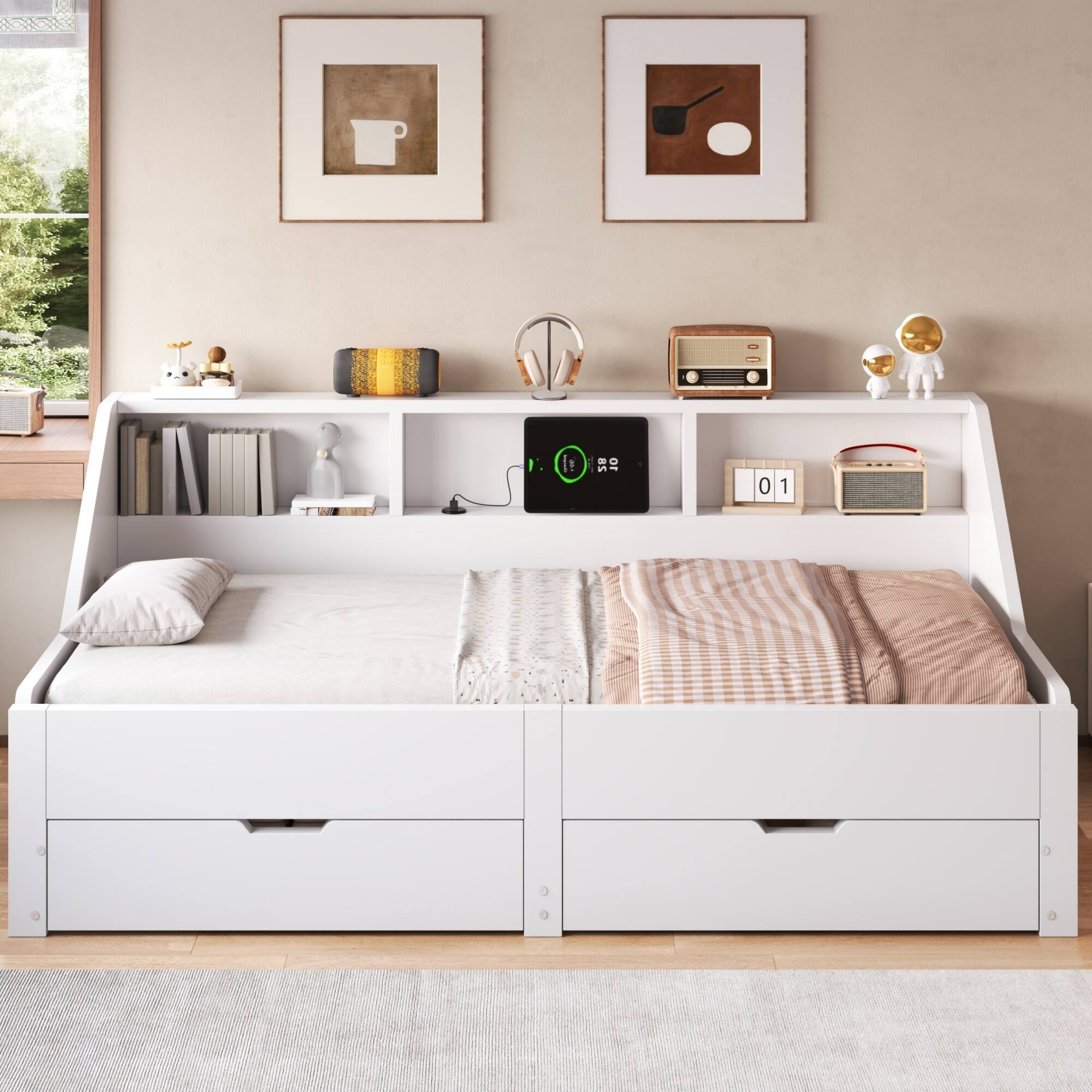Angle. Whisen - Twin to King Extendable Daybed with Storage Bookcases, 2 Drawers, Charging Station, 3-Pack Box Set - White.