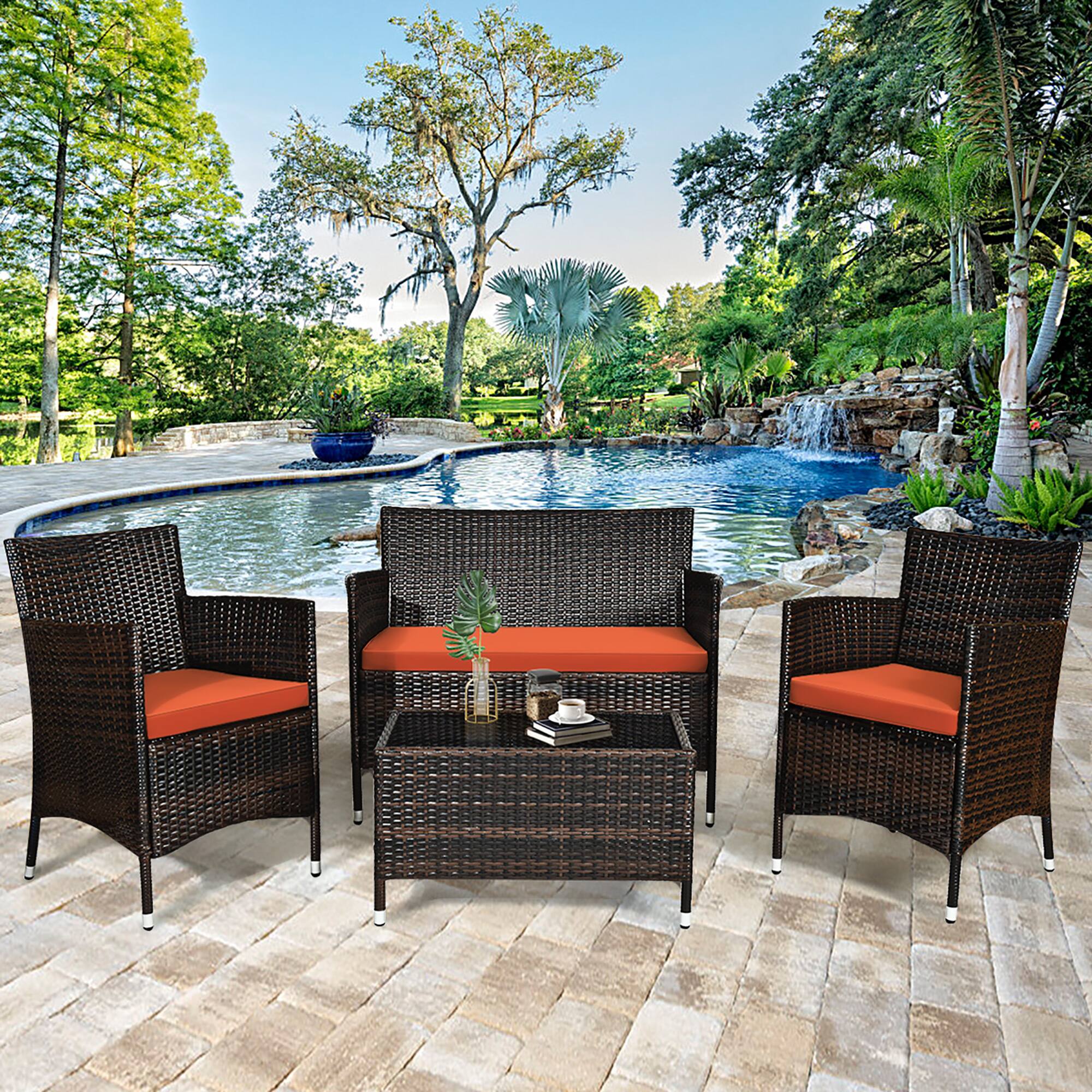Alt View 9. Gymax - Gymax 4PCS Patio Rattan Conversation Furniture Set Outdoor w/ Orange Cushion - Orange.