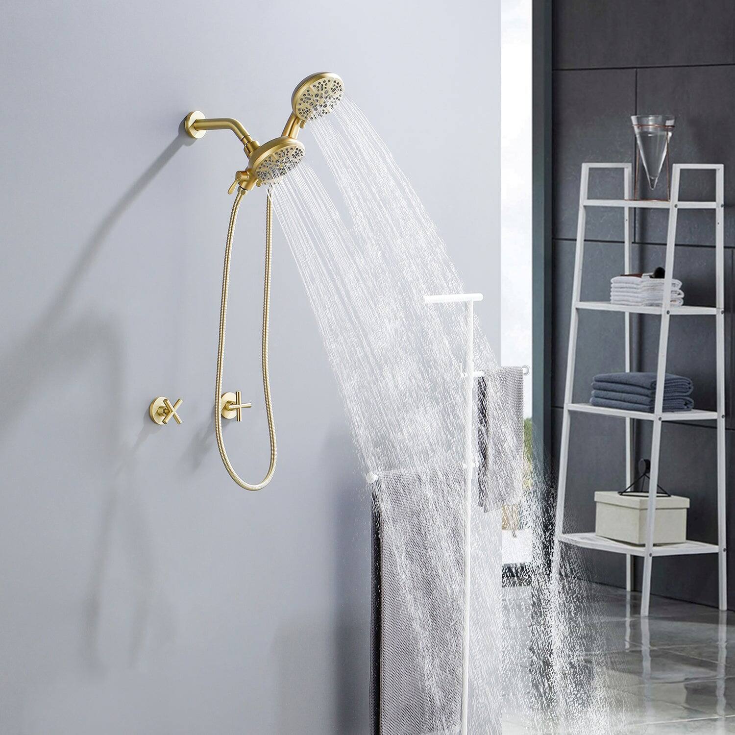Alt View 3. Boyel Living - Brushed Gold Shower Set with Dual Handle Control and 7 Function Dual Shower Heads - Brushed Gold.
