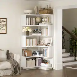 Aheaplus - 6-Tier Corner L-Shaped Etagere Bookshelf with Baffles - Freestanding Storage for Living Room/Office/Bedroom - White