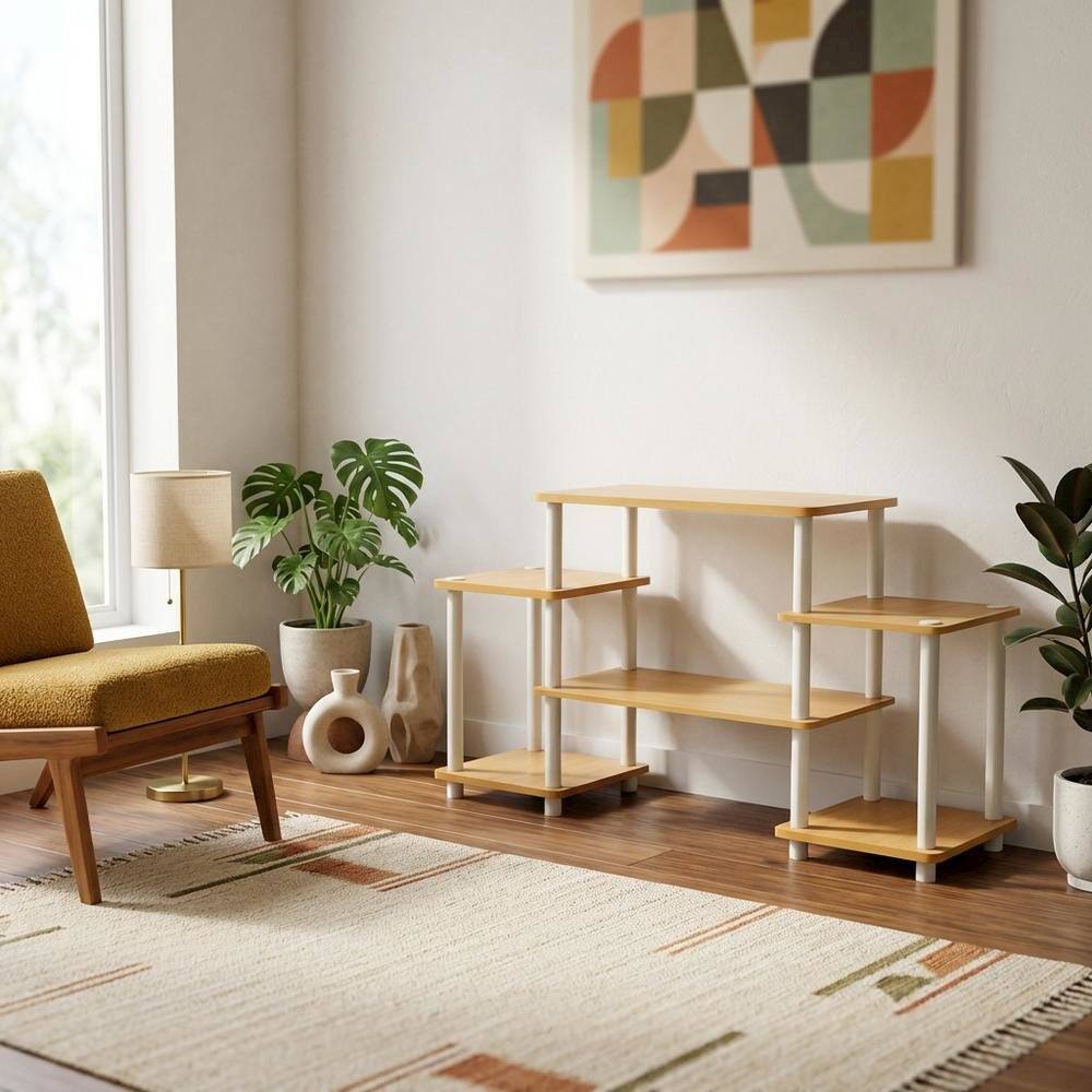 Alt View 4. FurniFact - Beech and White No Tools Entertainment Center with Modern Design - Beech/White.