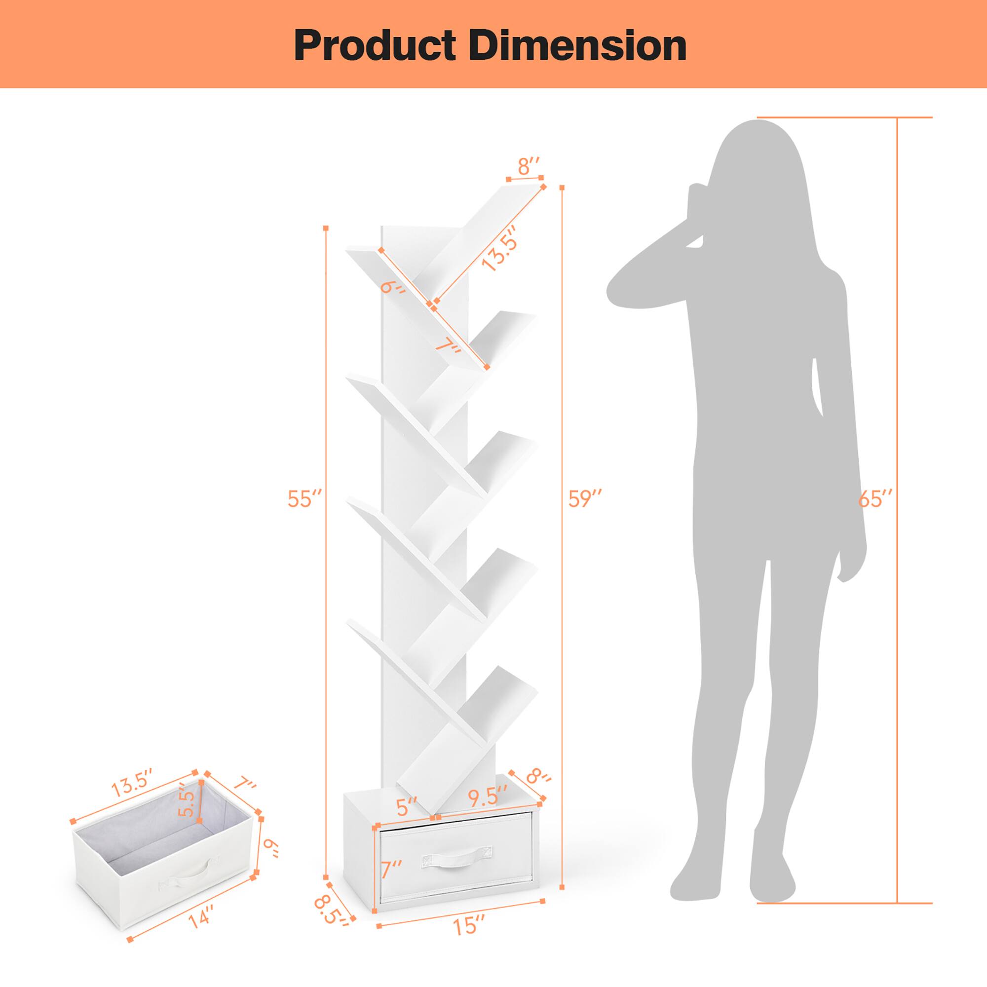 Product Dimension: 59", 65", 55", 15", 14", 13.5", 9.5", 8.5", 8", 7", 5", 5.5"