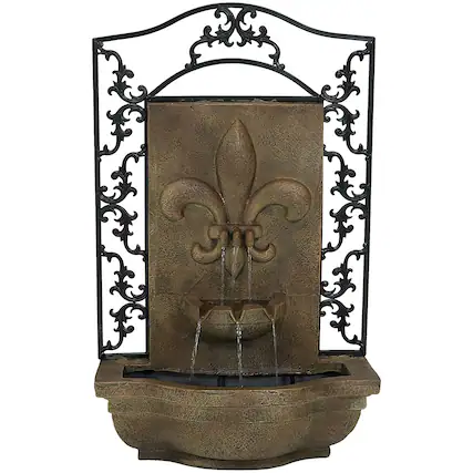 Front. Sunnydaze - French Lily Outdoor Solar Wall Fountain with Battery - Florentine Stone.