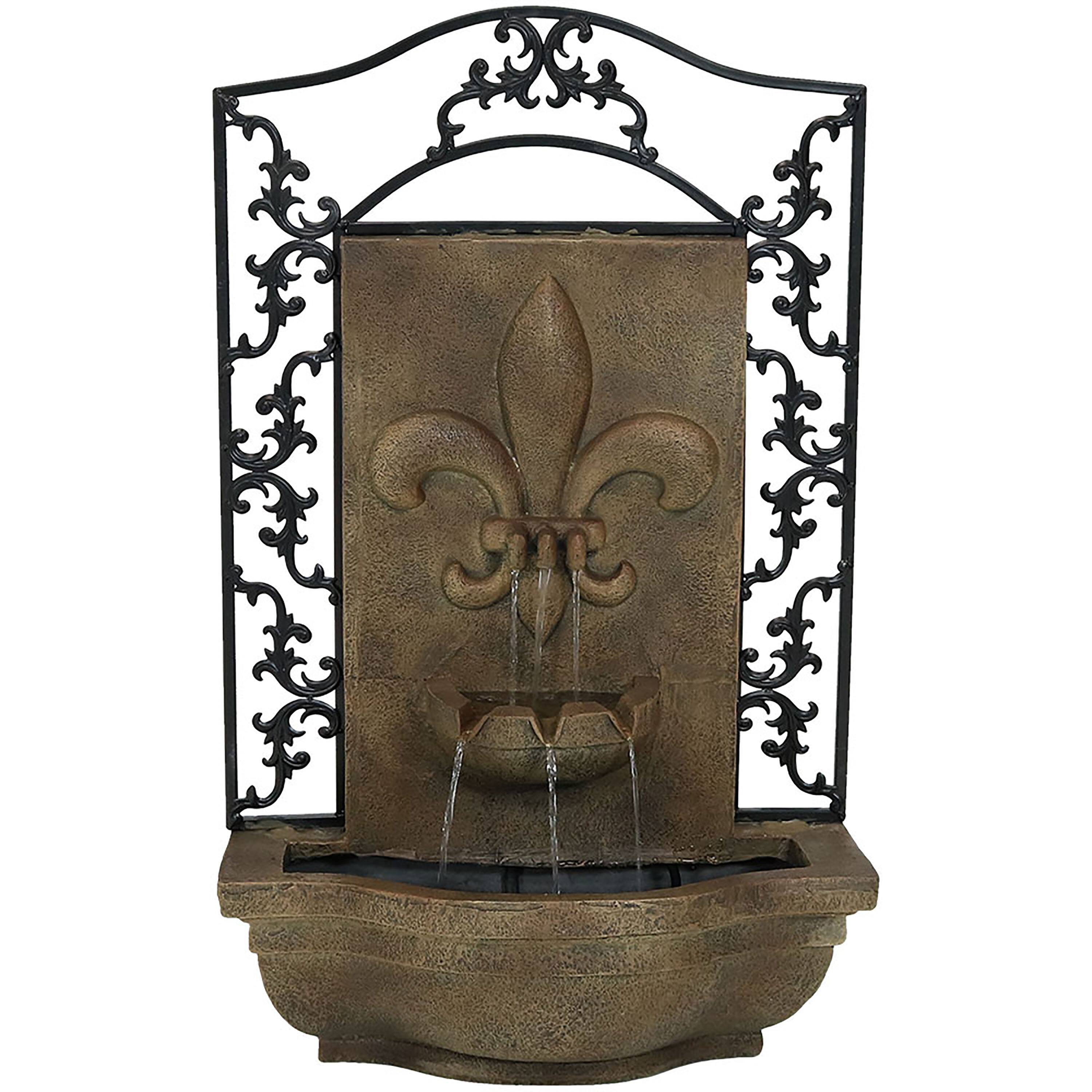 Front. Sunnydaze - French Lily Outdoor Solar Wall Fountain with Battery - Florentine Stone.