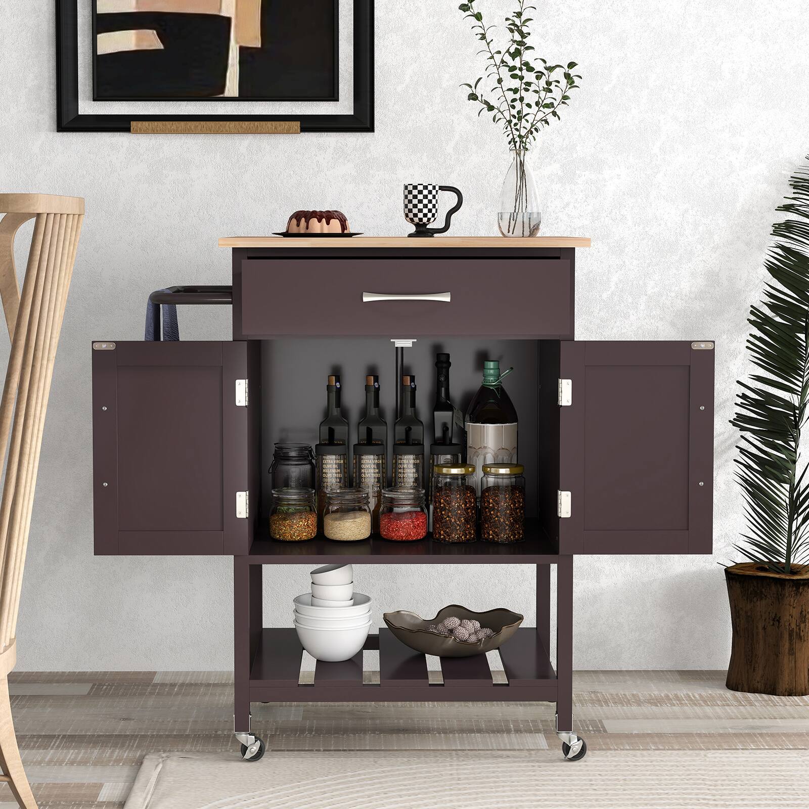Alt View 7. Ecooso - Rolling Kitchen Island Cart with Drawer, Towel Rack, and Storage for Kitchen Essentials - Brown.