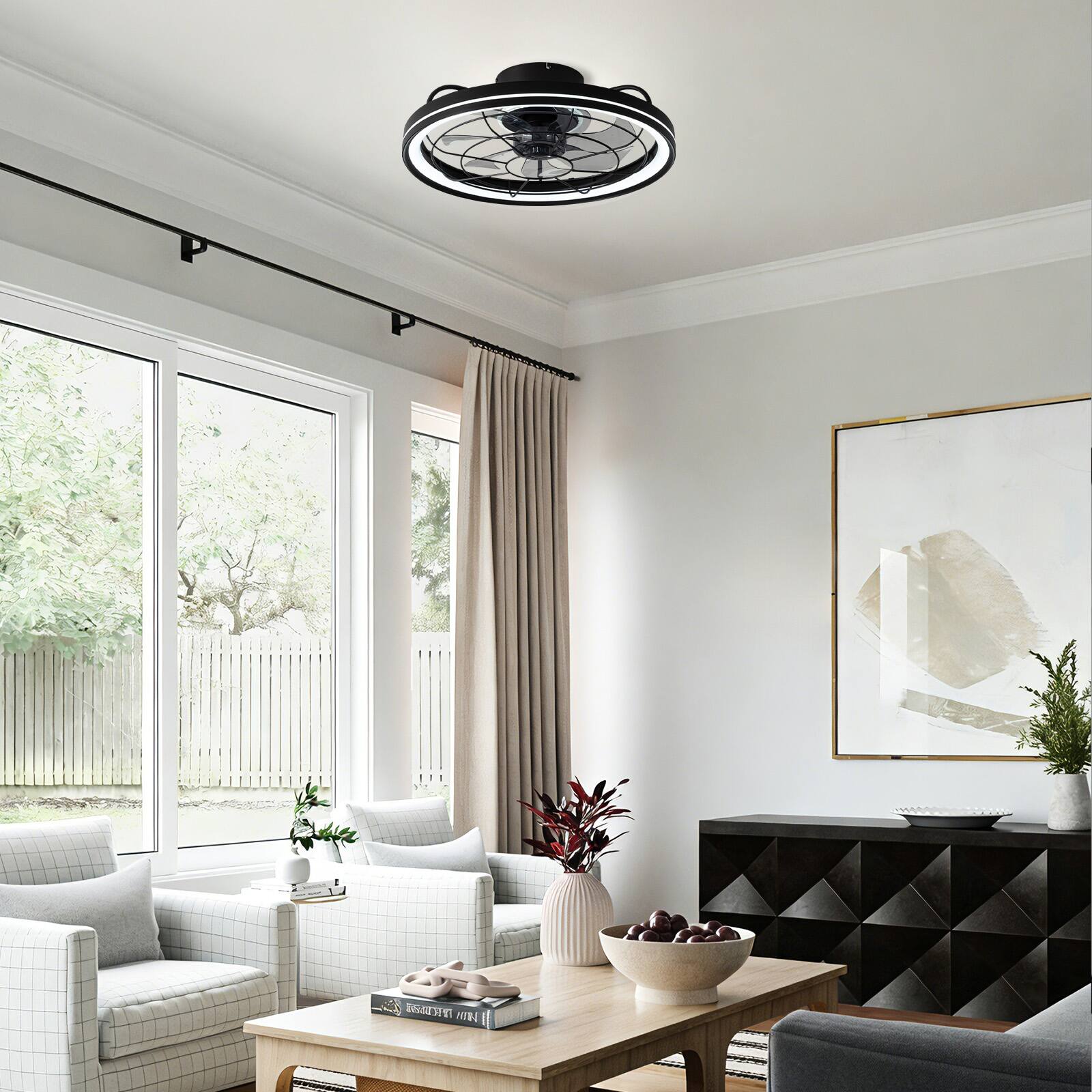 Alt View 2. Siljoy - 20-in Modern Black Caged Ceiling Fan with LED Light Remote App Control 6 Speed Reversible DC Motor - Black.