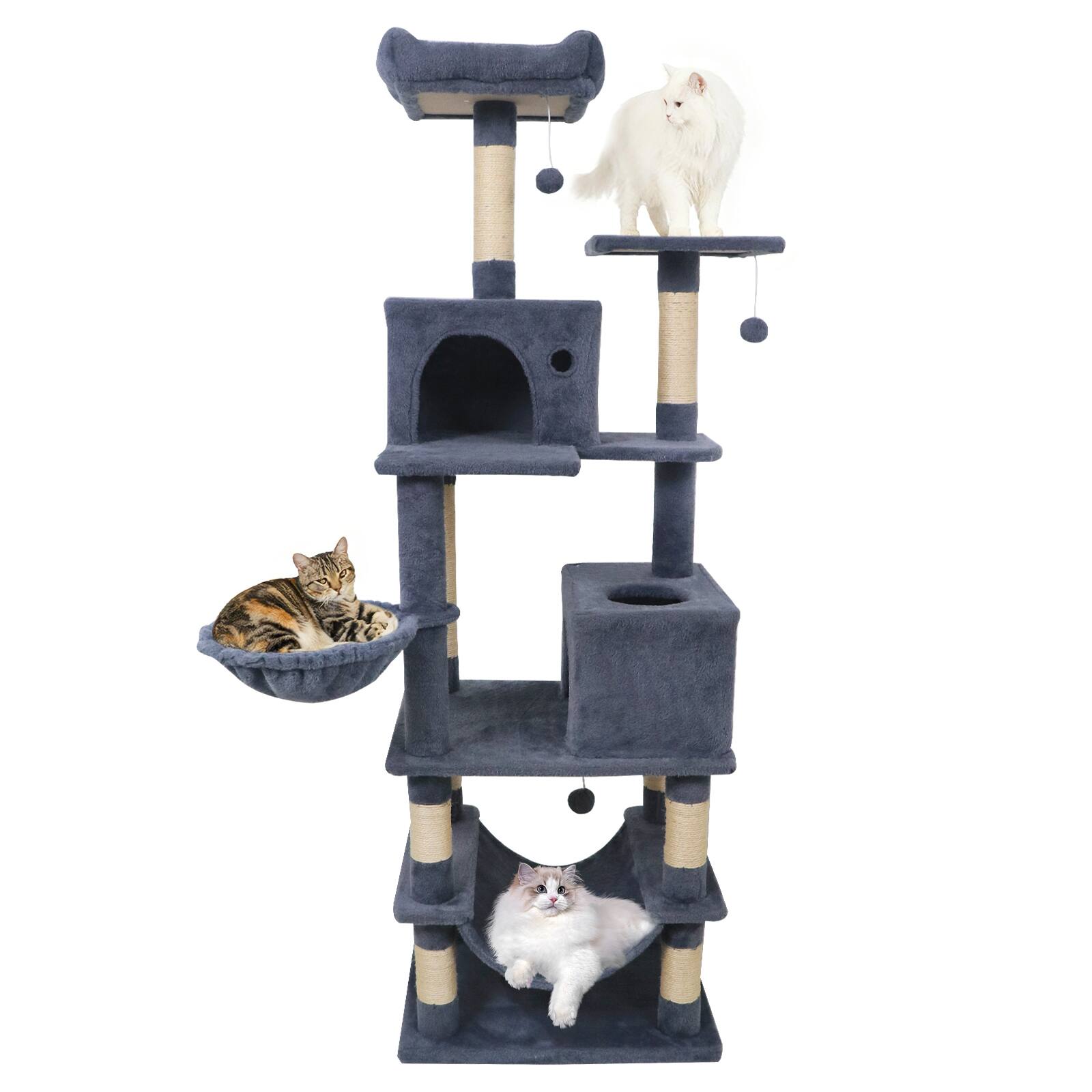 Alt View 9. Gymax - Gymax 66'' Tall Cat Tree w/2 Condos Sisal Scratching Posts Plush Perch Hammock Basket Dark Gray.