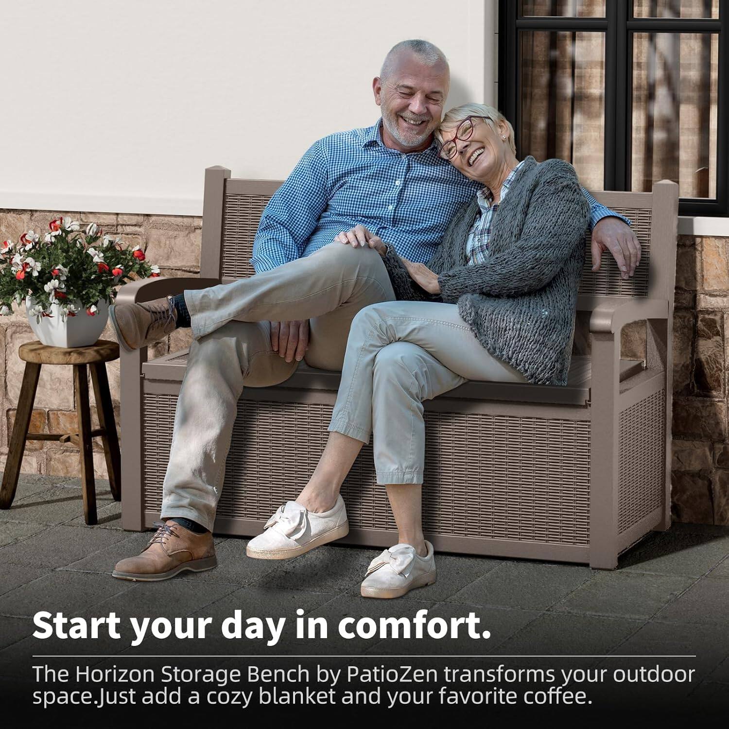 Start your day in comfort.  
The Horizon Storage Bench by PatioZen transforms your outdoor space. Just add a cozy blanket and your favorite coffee.