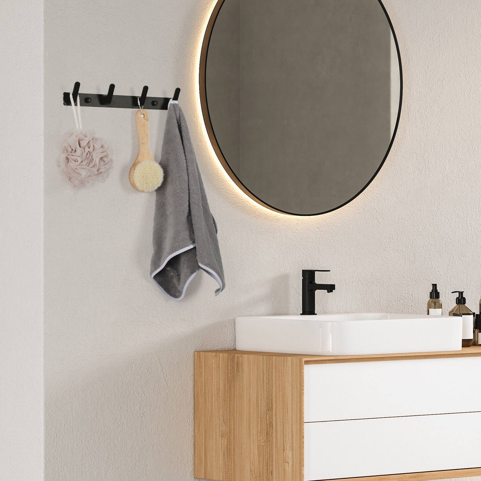 Alt View 2. Oumilen - Black Metal Wall Coat Rack with 4 Hooks – No Drill Adhesive Hanger for Coats, Towels, Bathroom, Kitchen - Black.